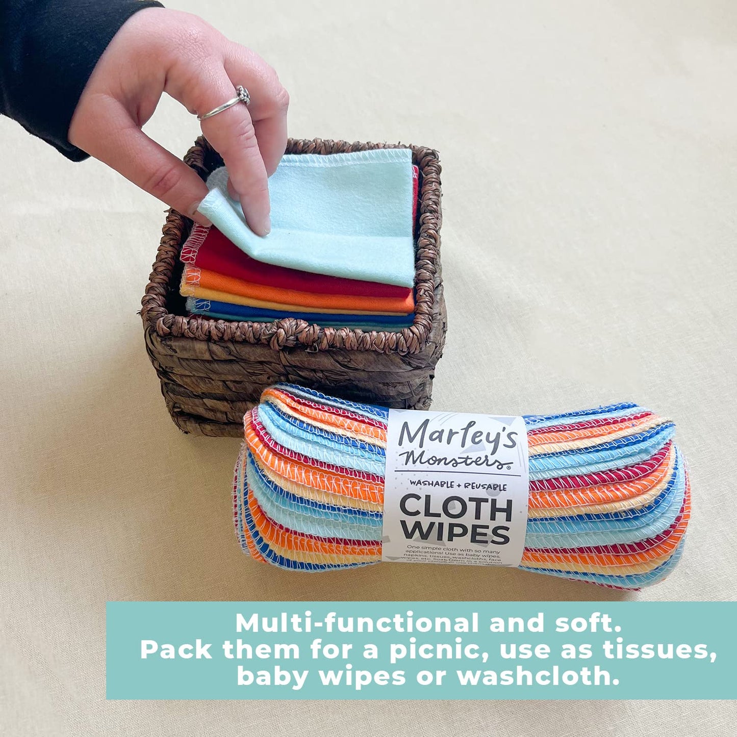 Marley's Monsters Reusable Cloth Wipes - 24 Count Pack - Washable, Cotton, Paperless Wipes (Sunrise Mix)