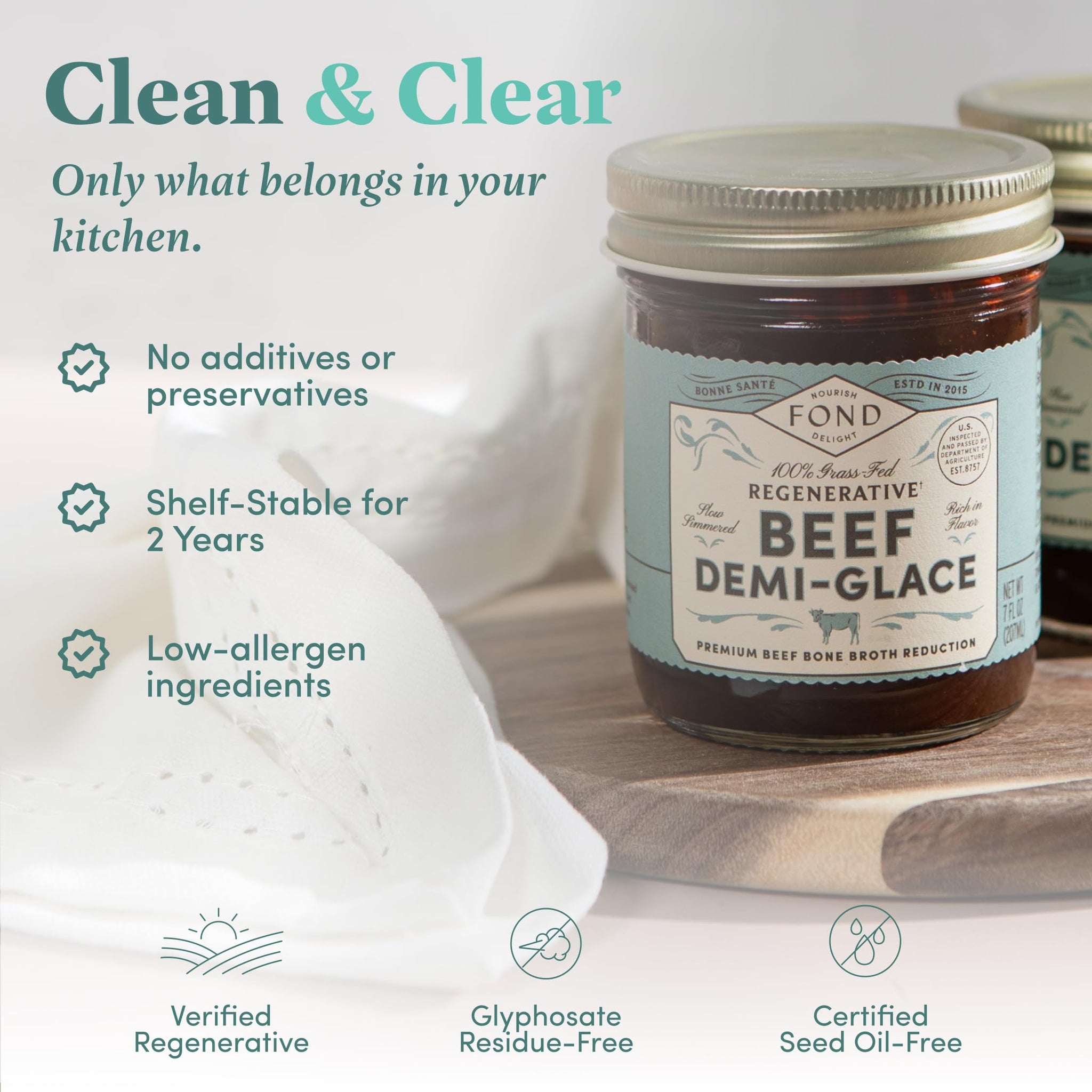 FOND Regenerative Beef Demi Glace - Grass-Fed Beef Bone Broth Reduction - French Demi Glace Concentrate for Pan Sauce & Gravy - Regenerative, Organic