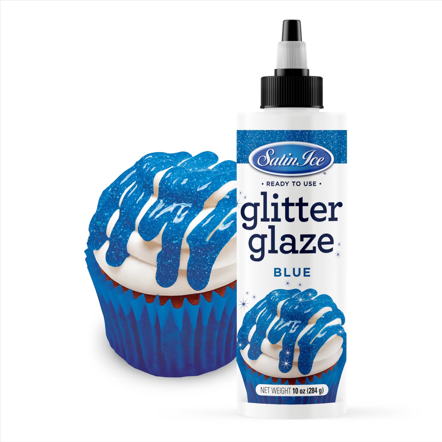 Satin Ice Blue Glitter Glaze (10oz Bottle) For Decorating Cakes, Cupcakes, Brownies, and Doughnuts