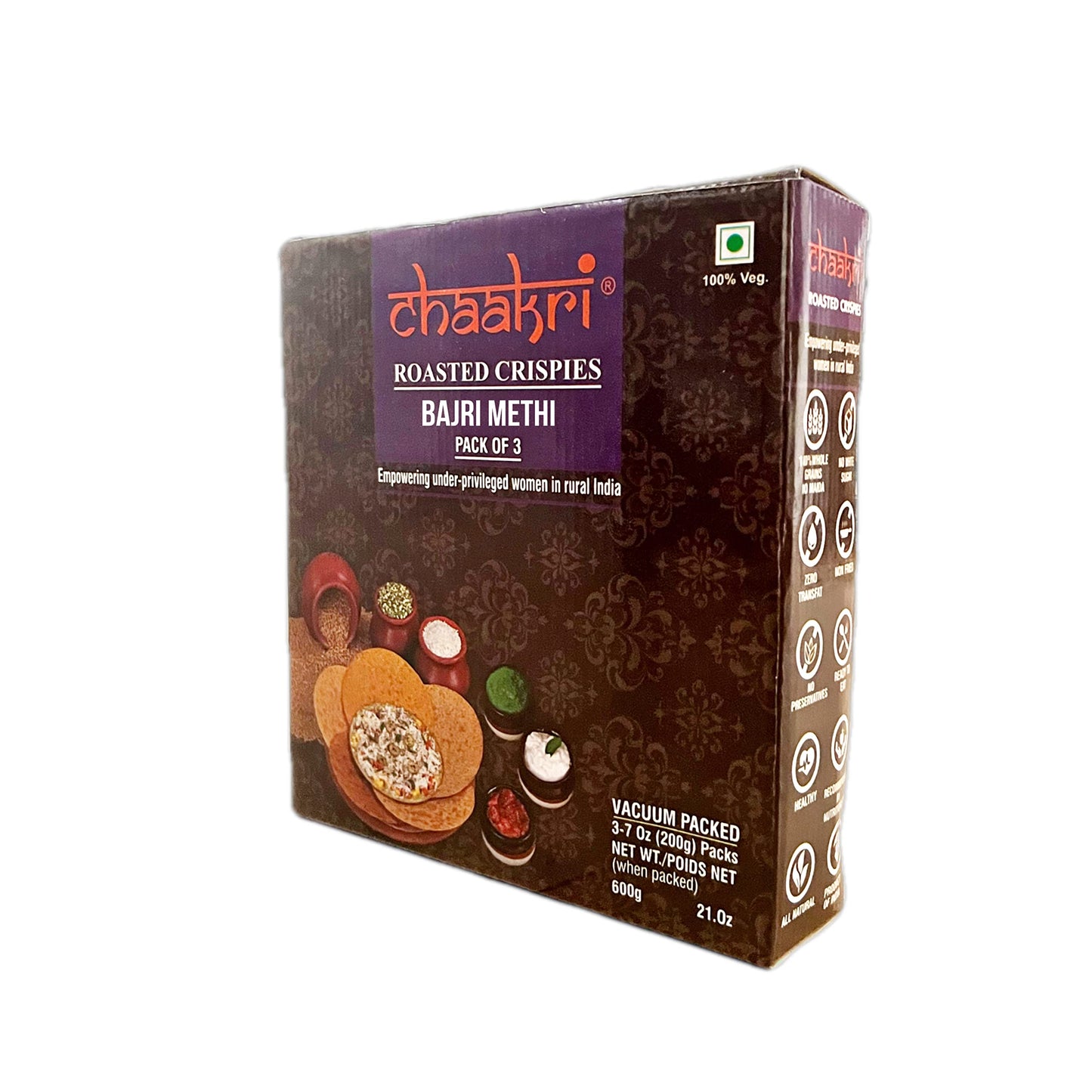Chaakri Khakhra; Value Pack(21 oz): 3 Packs of 10 Khakhras each; 3 X 200g, Total 600g) Hand rolled khakhra, roasted crispies, No Preservatives