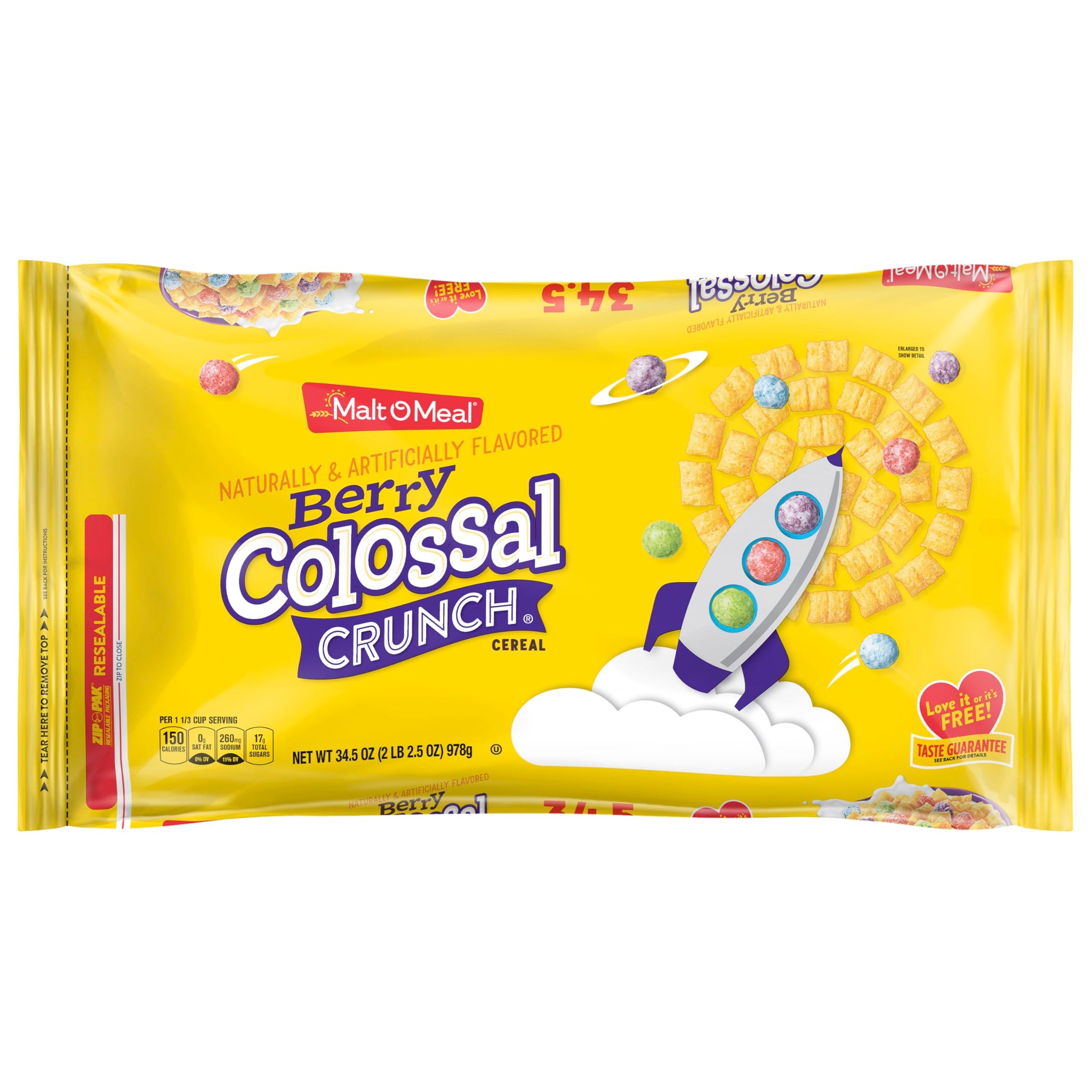 Malt-O-Meal Berry Colossal Crunch Breakfast Cereal, Sweetened Corn and Oats, Family Size, 34.5 oz Resealable Bag