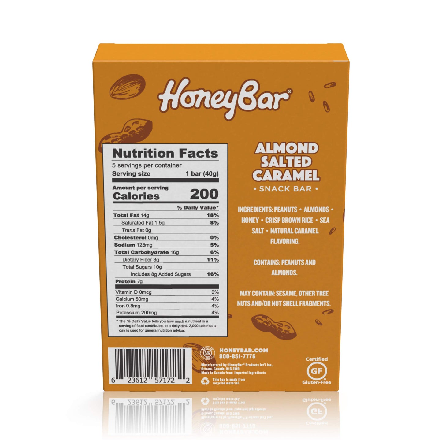 HoneyBar Snack Bar | Certified Gluten Free | Non-GMO | Vegetarian (Almond Salted Caramel, Pack of 5 Bars)