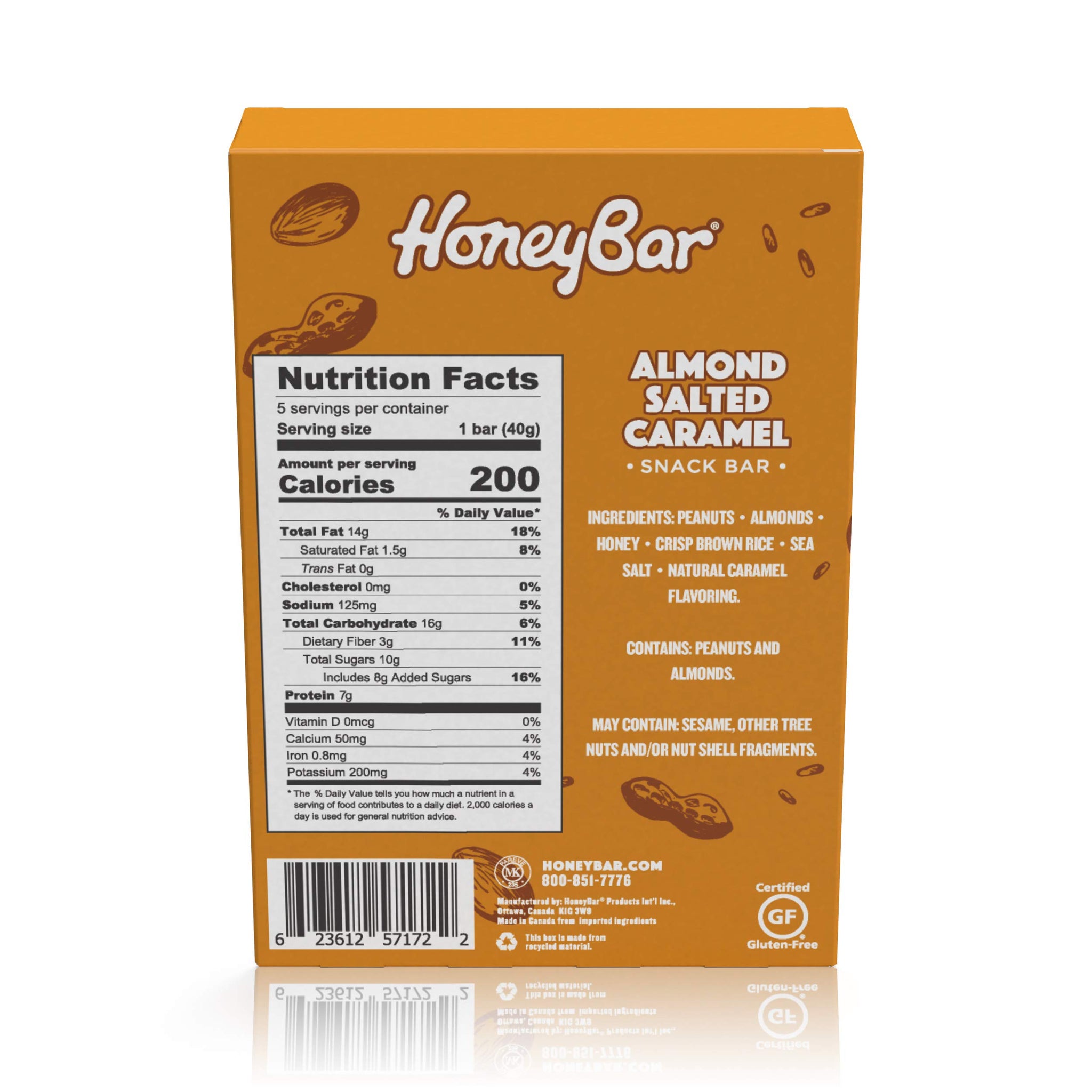 HoneyBar Snack Bar | Certified Gluten Free | Non-GMO | Vegetarian (Almond Salted Caramel, Pack of 5 Bars)