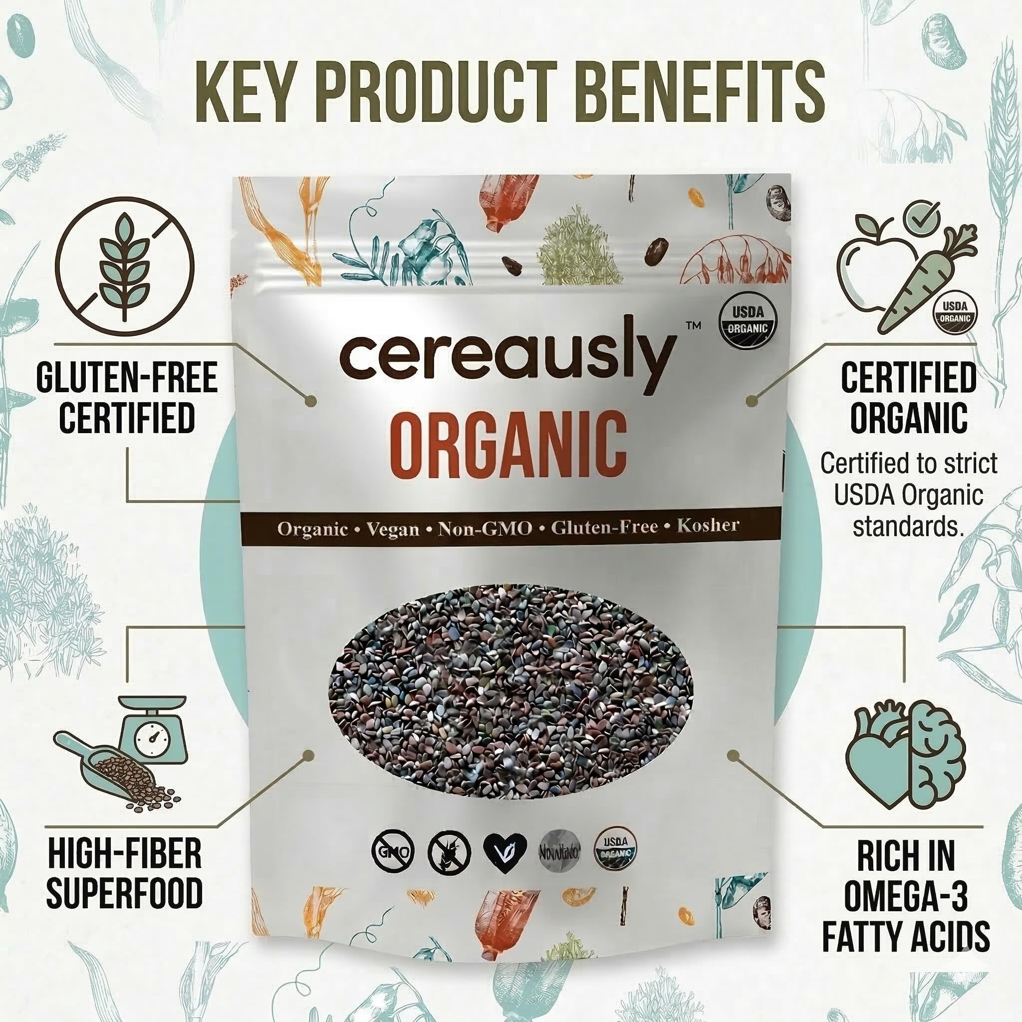 Organic Black Chia Seeds 25 lb Bulk - High Fiber Omega-3 Superfood, Non-GMO, Gluten Free, Vegan, Kosher, Whole Chia Seeds for Smoothies, Chia Pudding