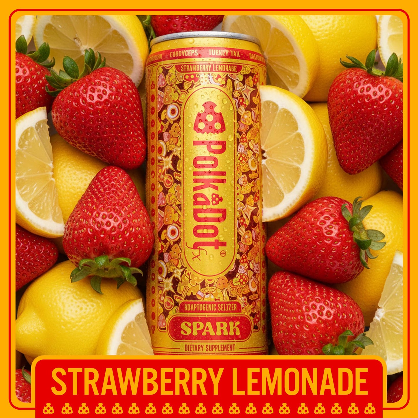 Polkadot Spark Seltzer, Strawberry Lemonade Flavor, Sparkling Drink with L-Theanine, Lion’s Mane, Ginkgo, and Green Tea, Zero Sugar Beverage, 12 FL Oz