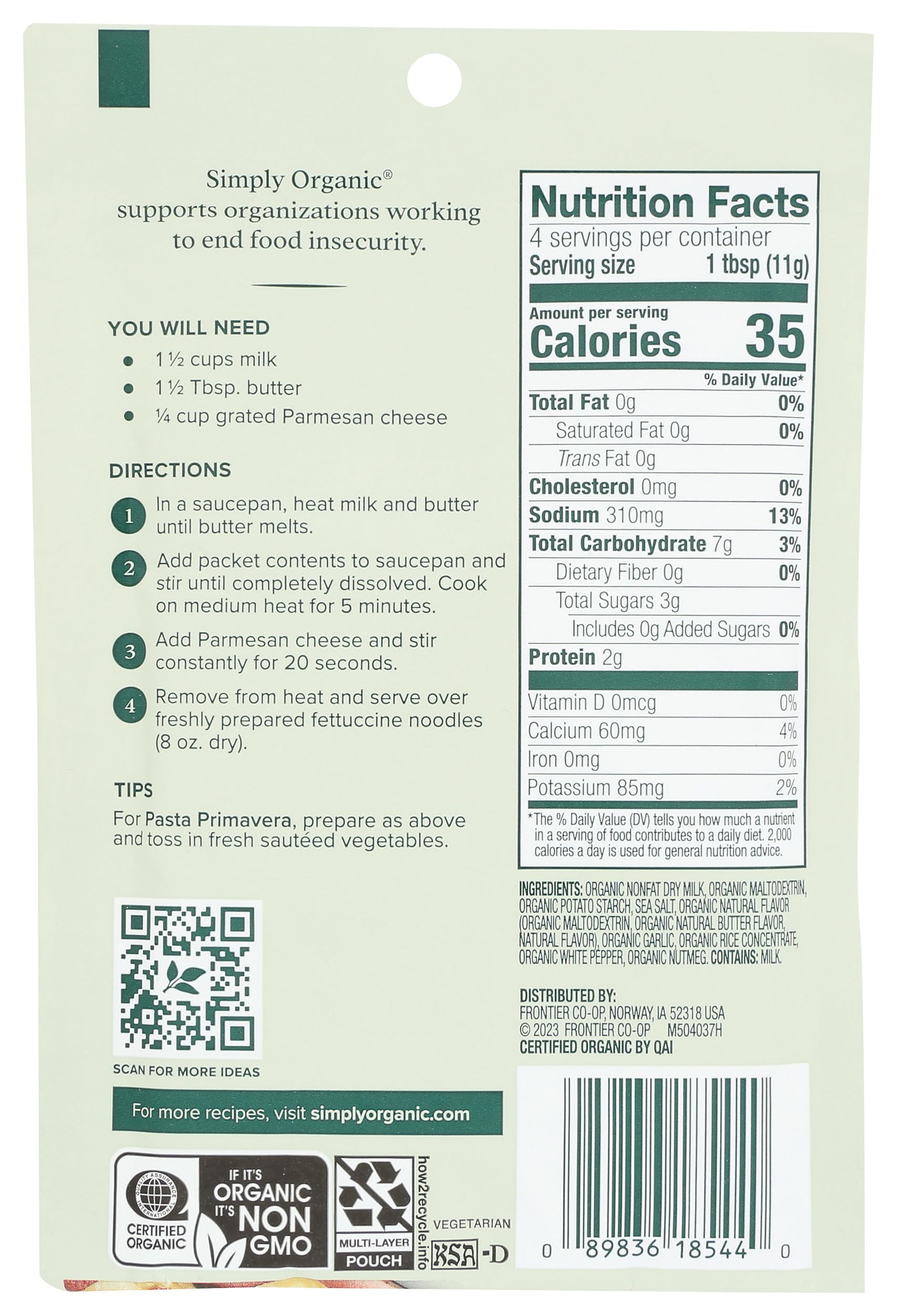 Simply Organic Alfredo Sauce Mix, Certified Organic, Kosher, Mixes Italian | 1.48 Ounce (Pack of 1)