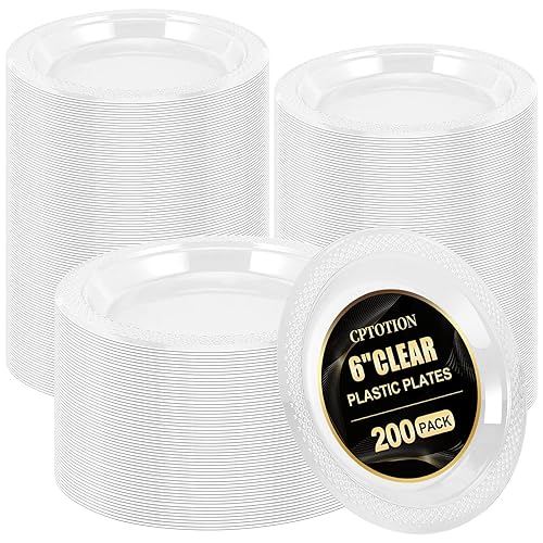 Cptoion 200 Pack 6 Inch Clear Plastic Dessert Plates - Disposable Round Appetizer and Small Cake Plates for Party, Dinner, Wedding, Catering, Birthday