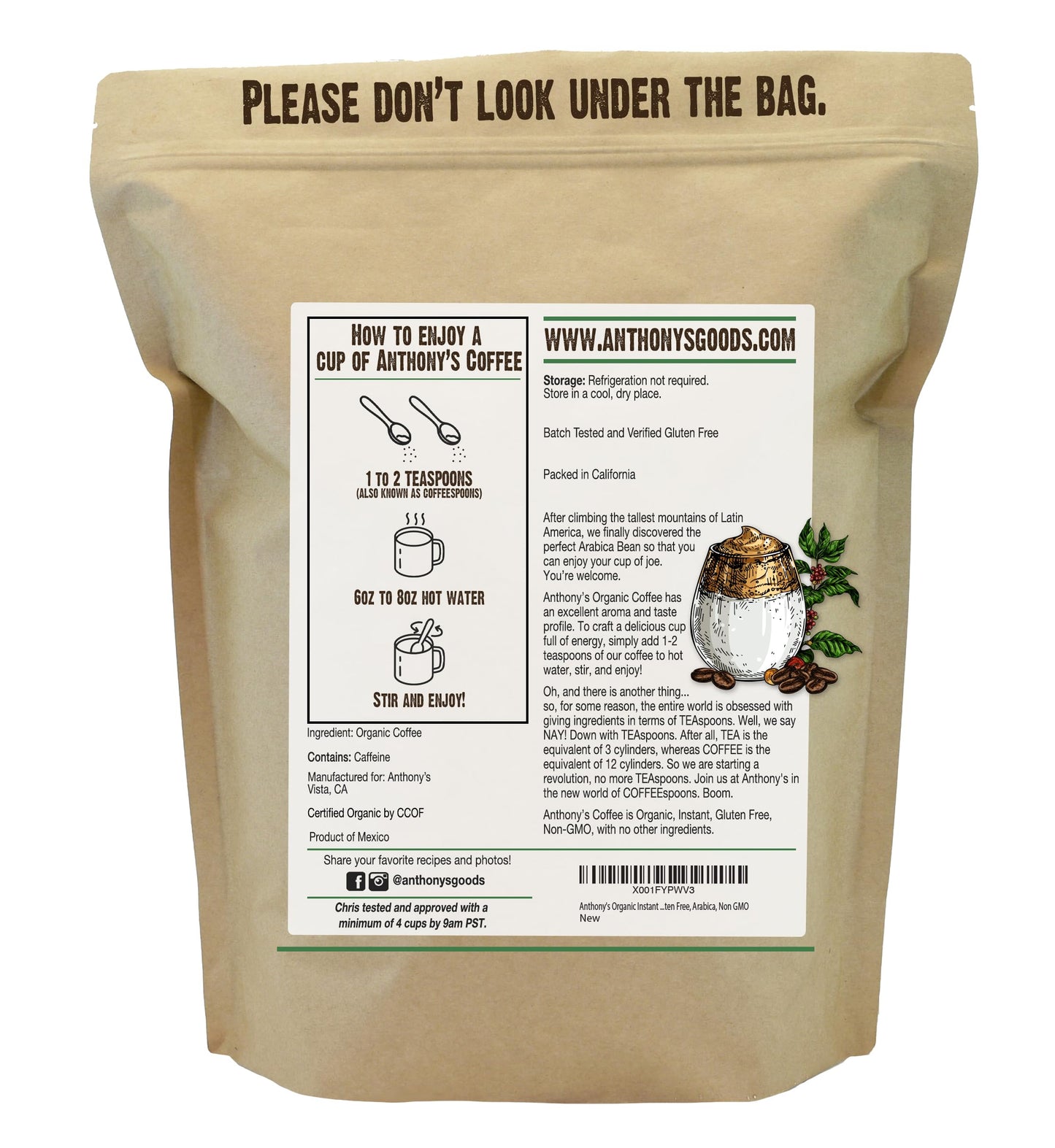 Anthony's Organic Instant Coffee,14oz, Ultra Fine Microground, Gluten Free, Arabica, Non GMO