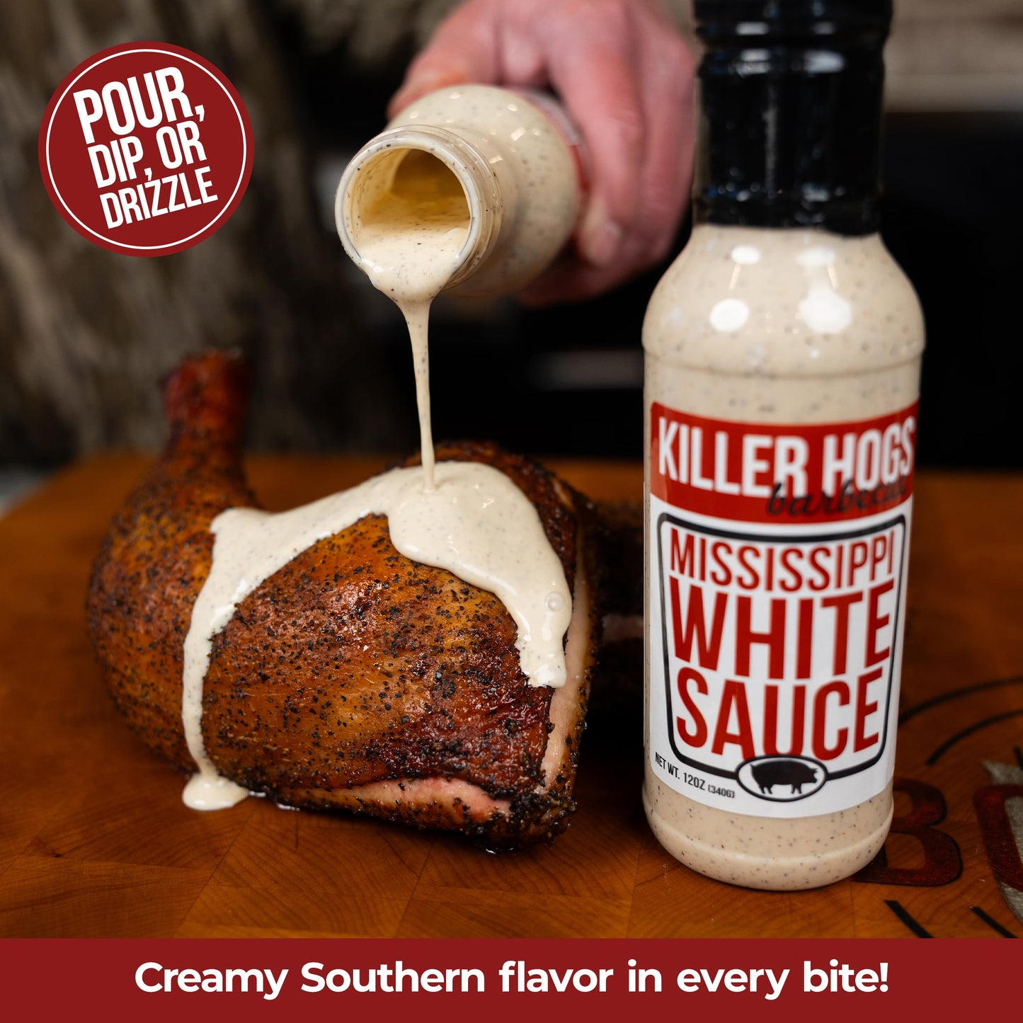 Killer Hogs Mississippi White Sauce, Creamy and Tangy Southern Style Flavor for Chicken, Pork, Seafood, and Grilled Meats, 12 oz Bottle