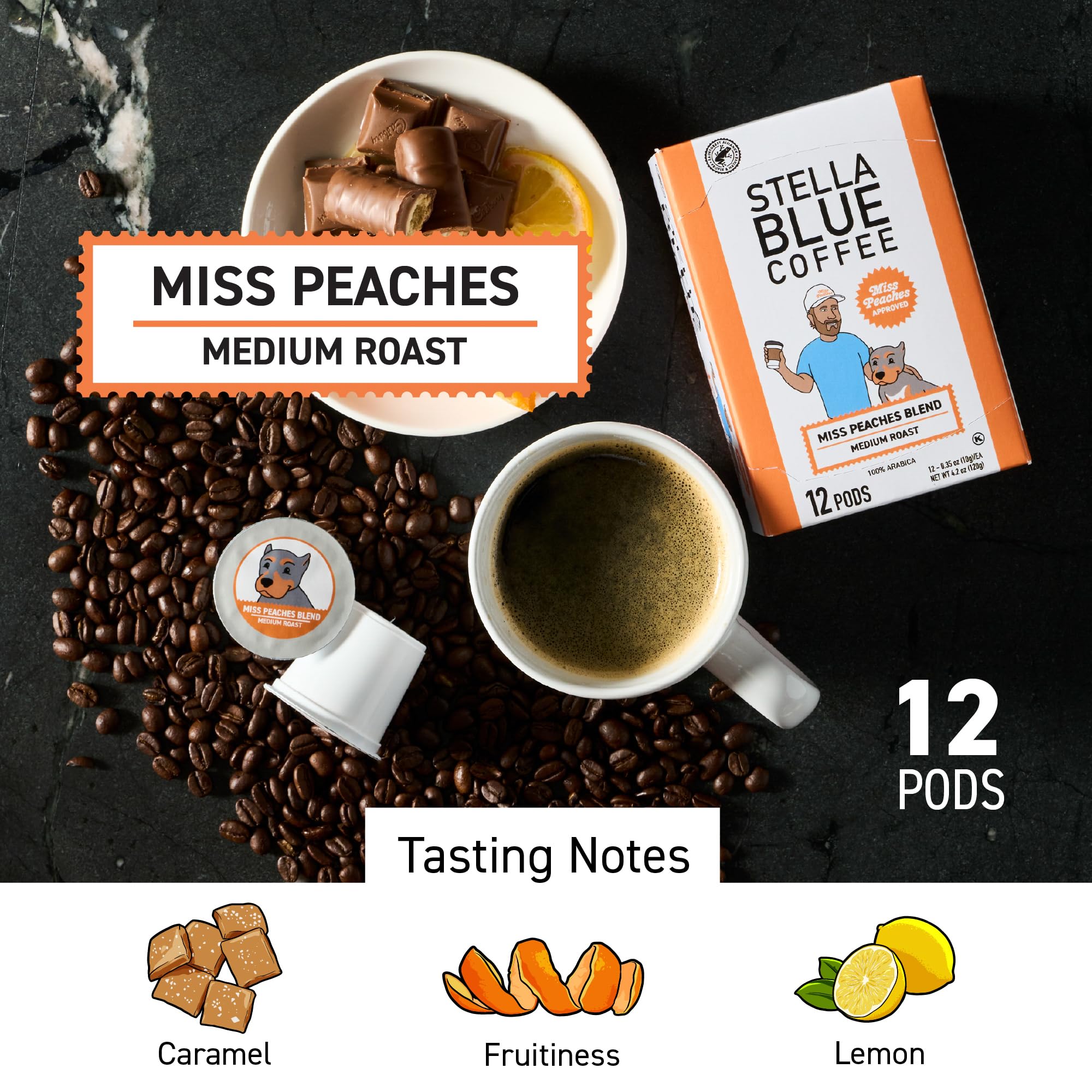 Stella Blue Coffee Pods, Miss Peaches Blend, Medium Roast Citrus Caramel, Fruity Notes 100% Arabica Beans, Ethically Sourced from Central and South