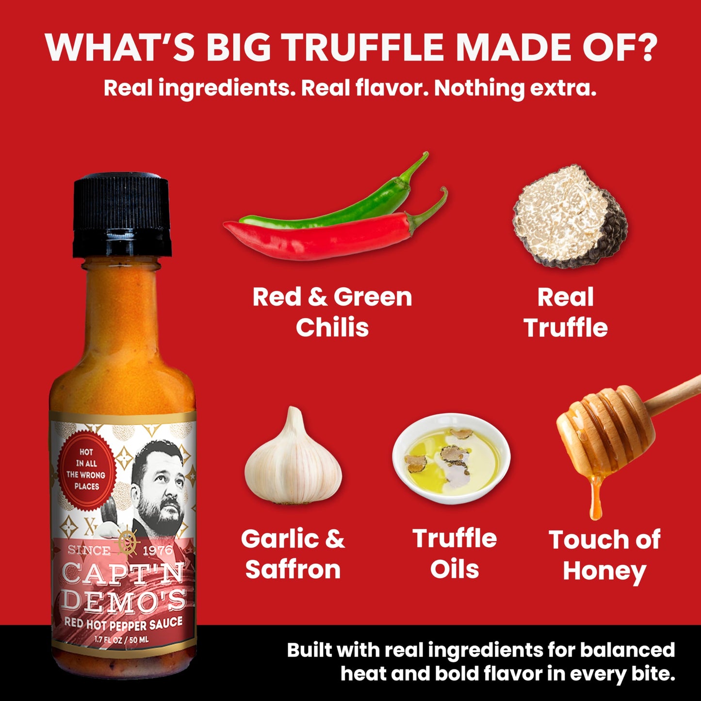 CAPTAIN DEMO's BIG TRUFFLE Red Hot Pepper Sauce- 5 Pack of Mini Travel Bottles. Never Leave Home Without Capt'n Demo!