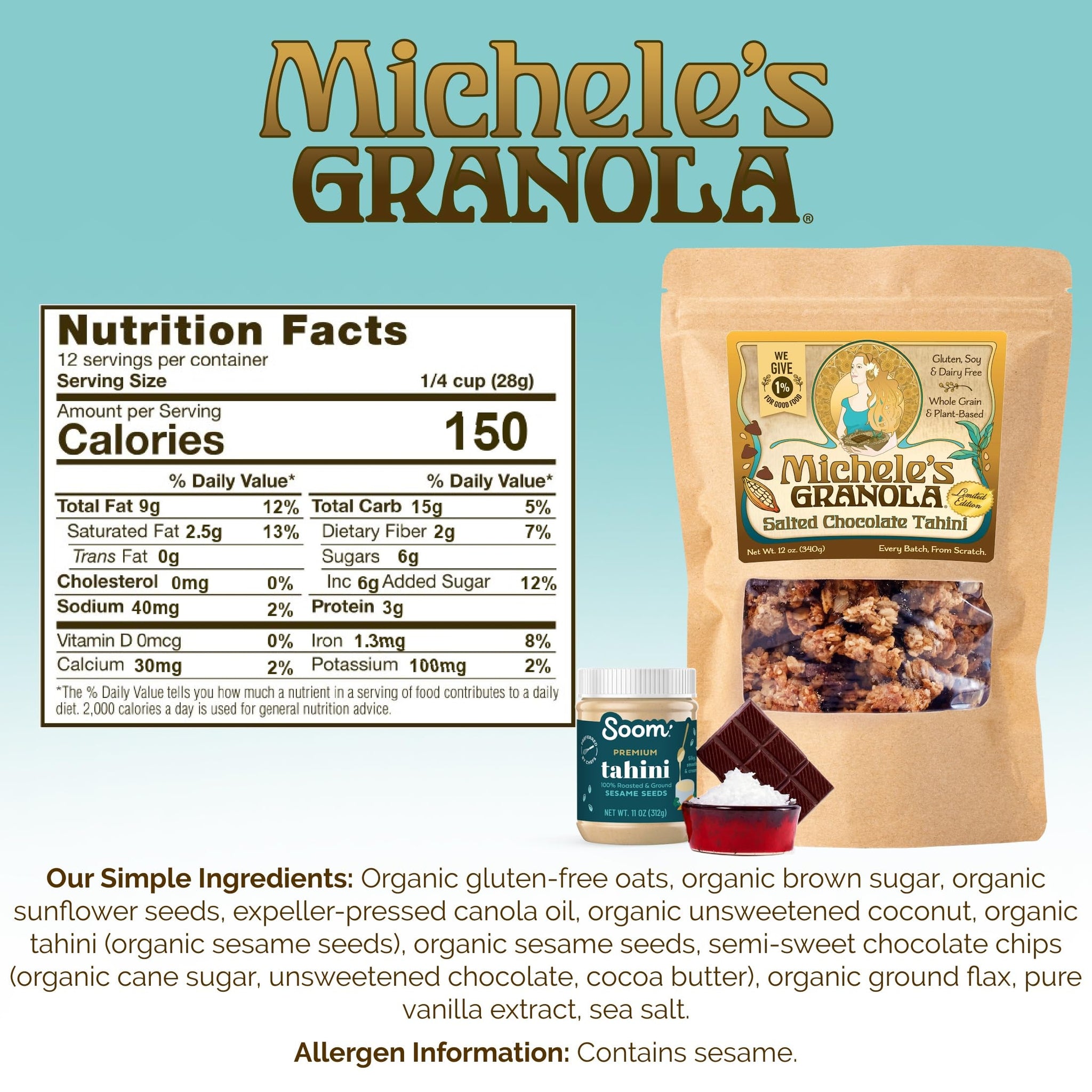 Michele's Granola - Salted Chocolate Tahini - Handmade Non-GMO Whole Grain Oats - Free of Gluten, Soy, Wheat, & Dairy