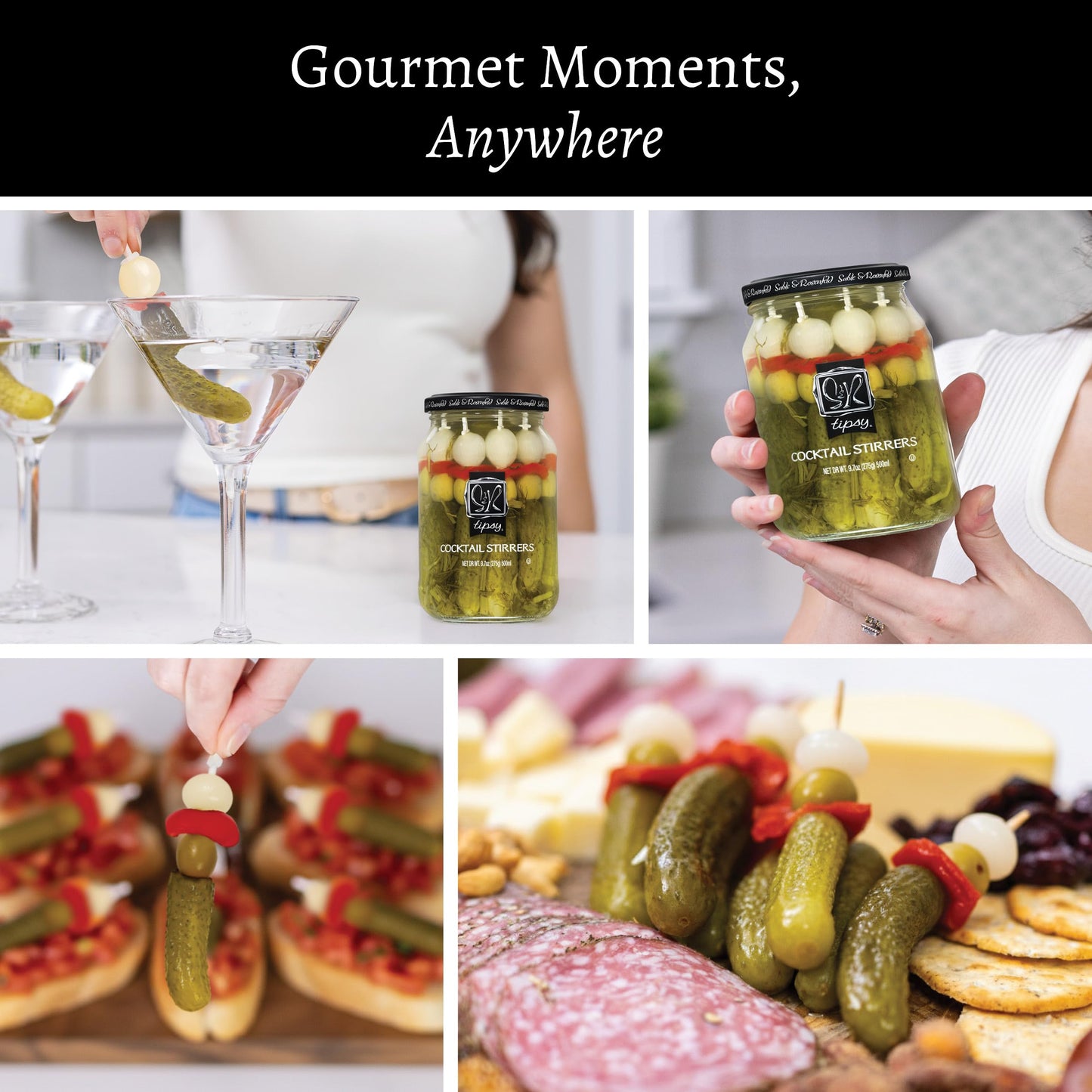 Sable & Rosenfeld Tipsy Garlic & Dill Cocktail Stirrers 16 oz Jar (Pack of 1), Hand-Packed Martini Pickles and Olive Skewers, Kosher, Gluten-Free