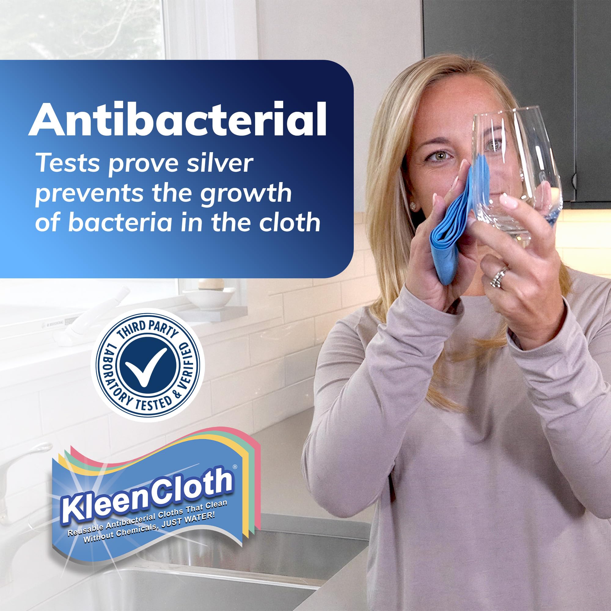 KleenCloth Reusable Antibacterial Cleaning Cloths - Removes 99.99% of Bacteria with Just Water | Silver-Embedded, Chemical, Odor, Streak