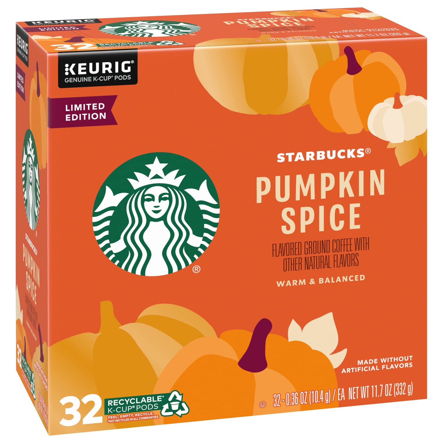 Starbucks Limited Edition Flavored Coffee K-Cups, Pumpkin Spice, Keurig Genuine K-Cup Pods, Made without Artificial Flavors, 32 CT K-Cup Pods/Pack