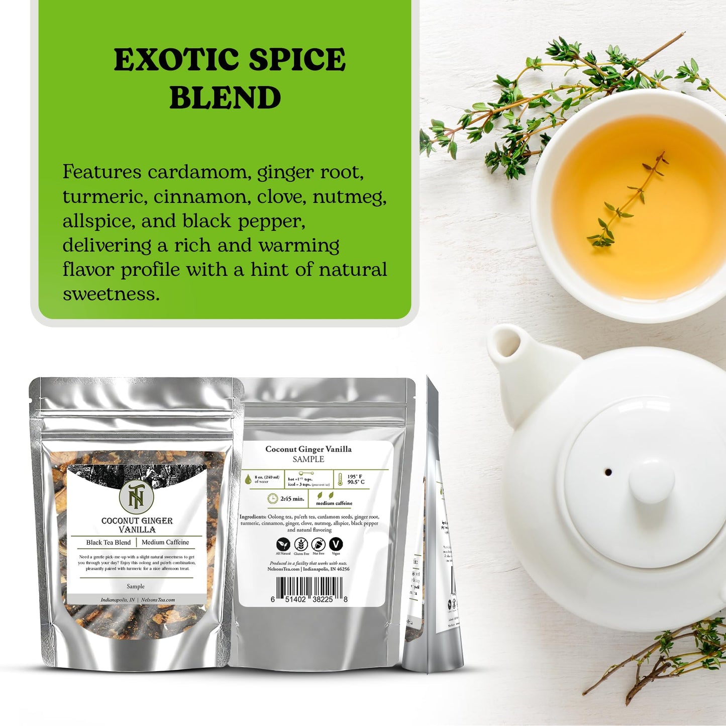 Nelson's Tea - Coconut Ginger Vanilla - Oolong tea, pu'erh tea, cardamom seeds, ginger root, turmeric, cinnamon, ginger, clove, nutmeg, allspice