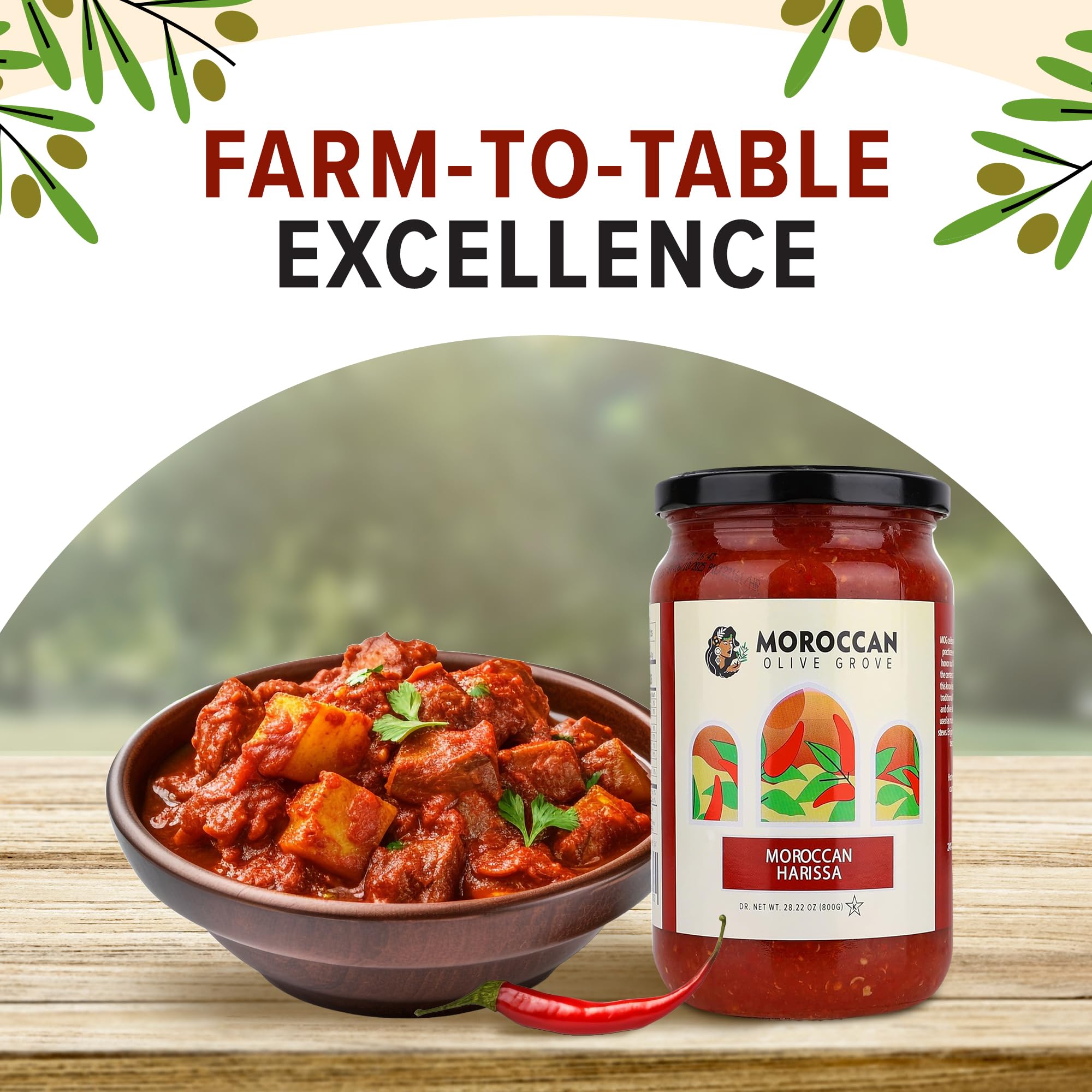 MOROCCAN OLIVE GROVE, Moroccan Harissa, (2 Pack) 28.22oz (800g), Gourmet Moroccan Hot Sauce, Spicy, Tangy Chili Paste