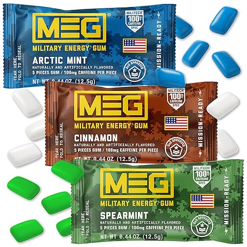 MEG - Military Energy Gum | 100mg of Caffeine Per Piece + Increase Energy + Boost Physical Performance + Multi Flavors of Arctic Mint, Spearmint