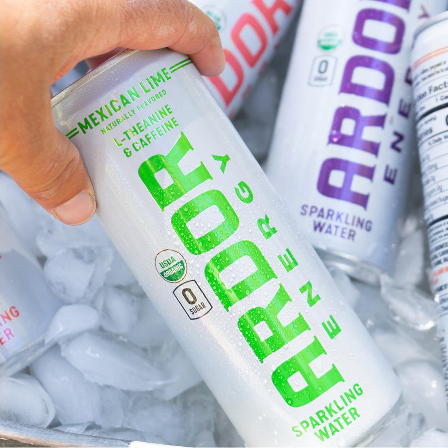 ARDOR Sparkling Water with 100mg Natural Caffeine & 200mg L-Theanine from Organic Green Tea for Smooth Energy & Focus | No Sugar, 0 Calories | Vegan
