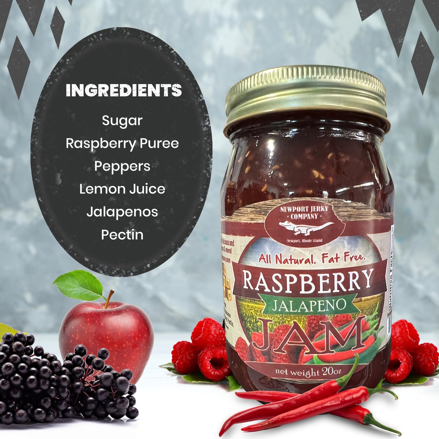 Newport Jerky Company All Natural Gourmet Raspberry Jalapeno Jam | Classic Spread for Burgers, Sandwiches, Toast, Cream Cheese, Charcuterie | Made in