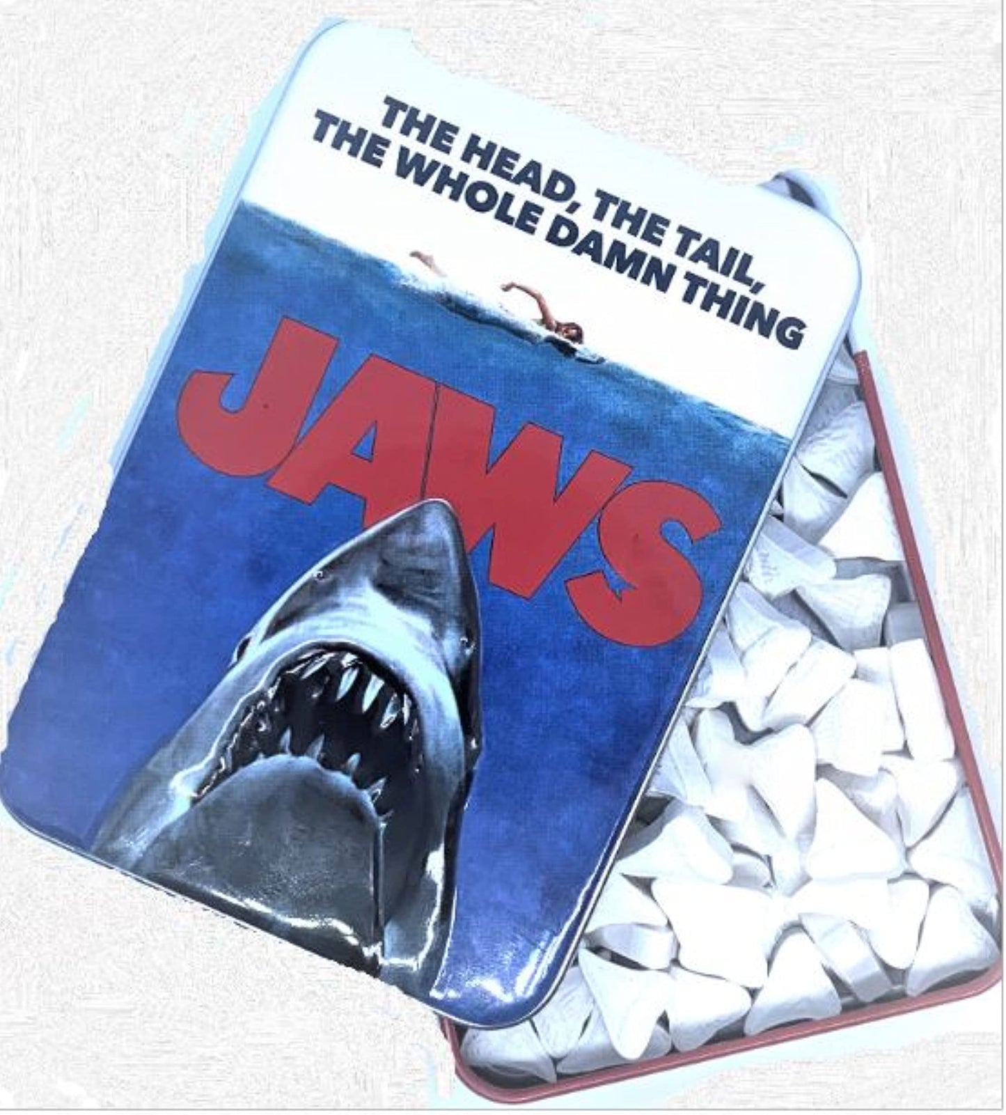Jaws Amity Island Candy - One (1) Collectible Jaws Movie Poster Tin- Shark Teeth Shape - Sour Cherry Flavor
