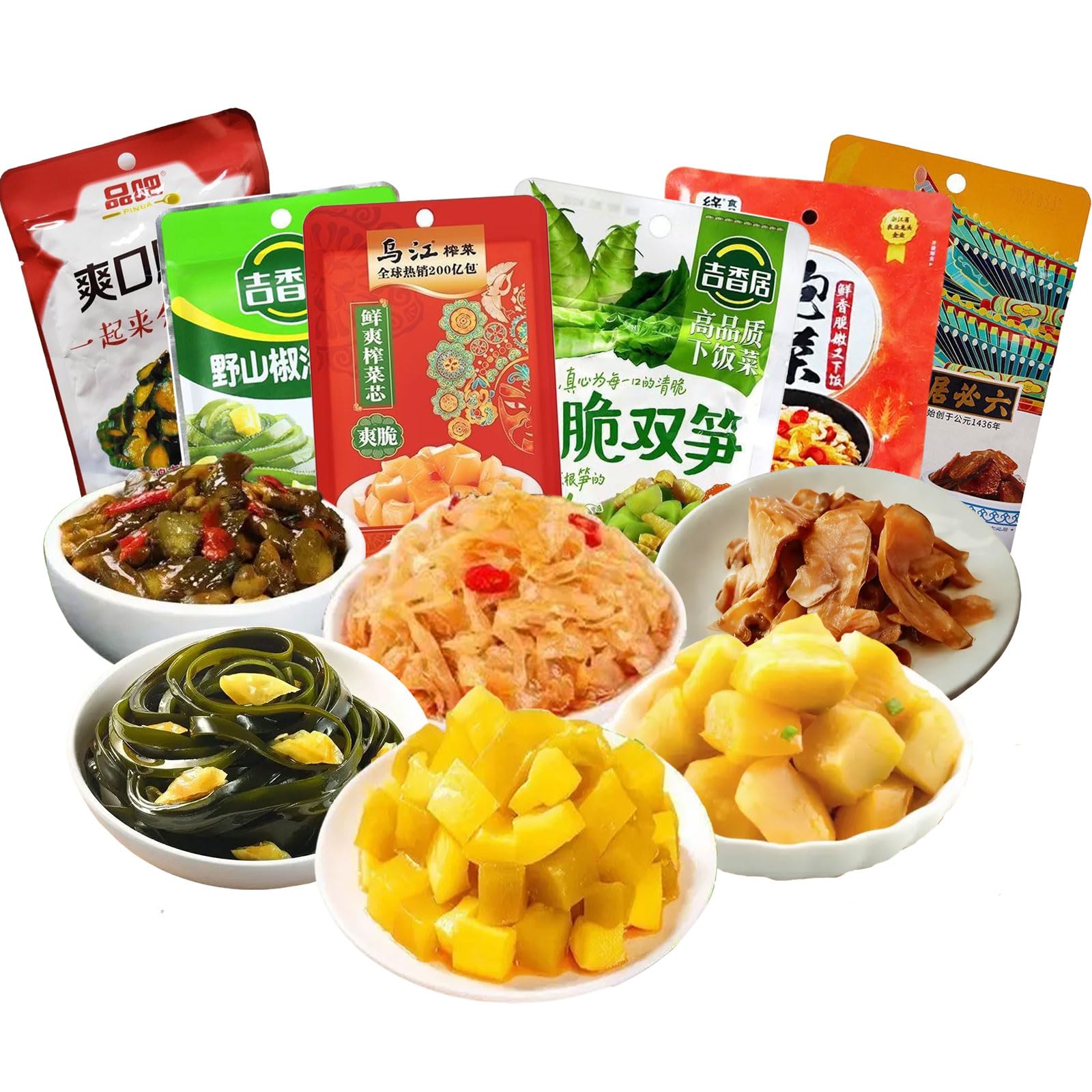 Zhacai Pickled?575g/20.3oz,6Packs/Bag) Si Chuan Zha Cai For Sushi Chinese Pickles Variety Set Asparagus Lettuce & Bamboo Shoots Kelp Shreds Ginger
