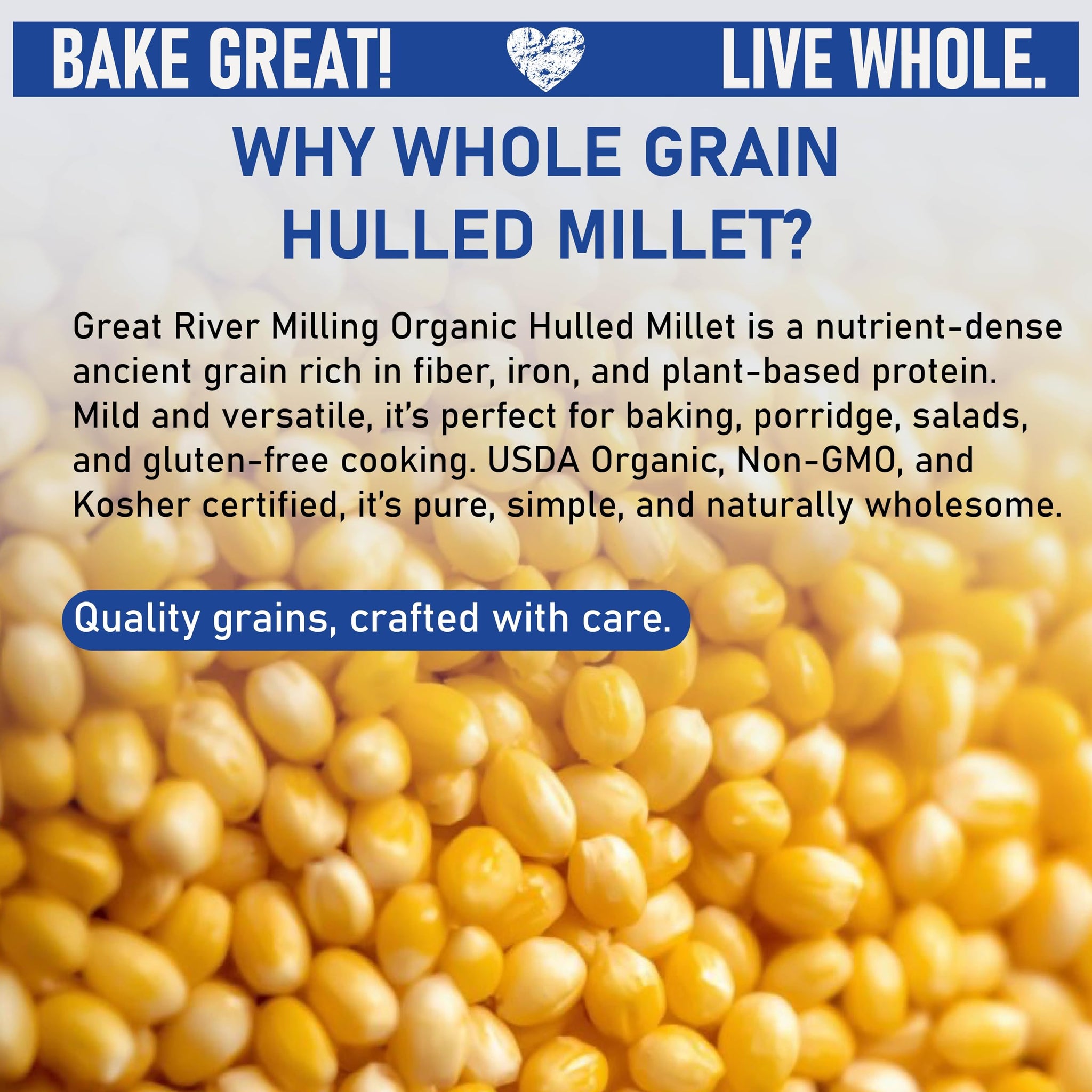 Great River Milling Organic Hulled Millet | Whole Grain Ancient Grain | Gluten-Free, High-Fiber Superfood | Non-GMO, Kosher Certified | Ideal for Salads, Porridge & Baking | 25 Lb (Pack of 1)