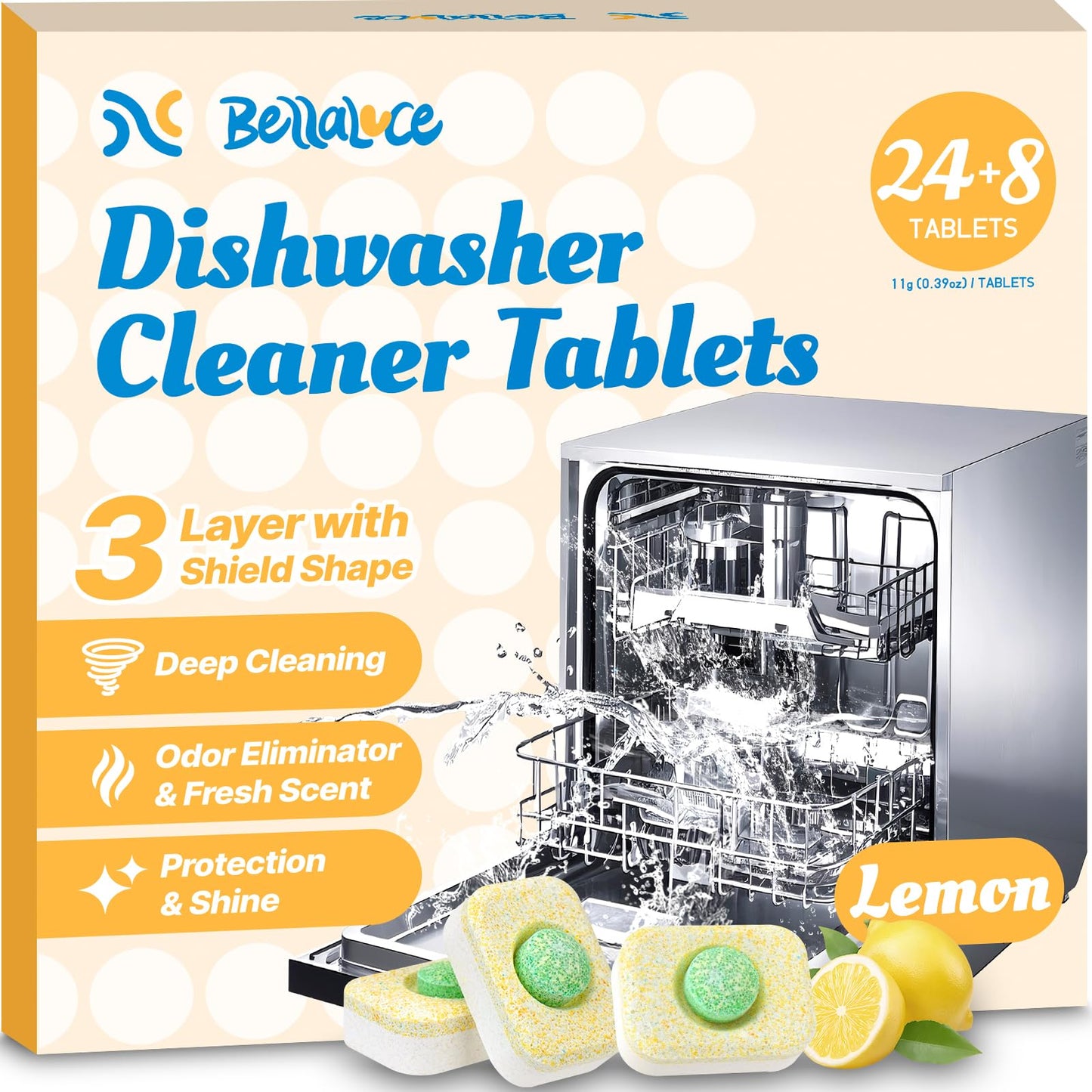 Dishwasher Cleaner Tablets - Dishwasher Cleaner And Deodorizer Tablets Lemon Scented, Heavy Duty Deep Clean Descaler Pods for Septic Safe, Prevents