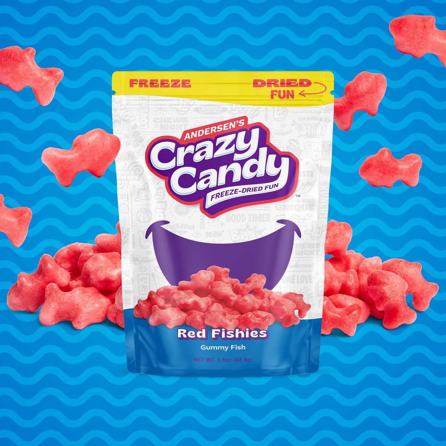 Freeze Dried Swedish Fish-Style Candy, Crazy Candy Red Fishies - Cherry Flavor Crunchy, Light, Airy Texture Fish Shaped Treats, Resealable Bag