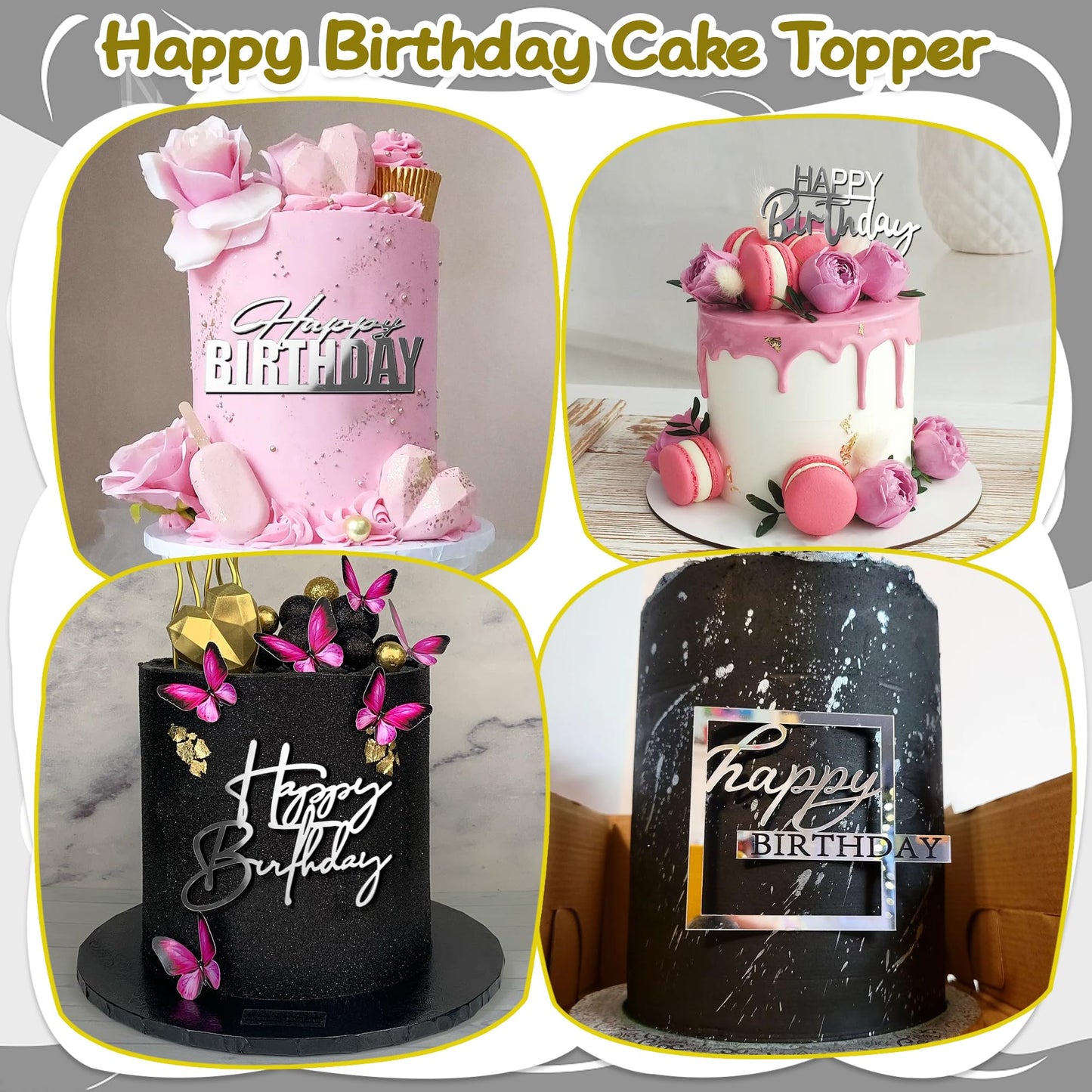 15 PCS Silver Happy Birthday Cake Toppers Mirror Acrylic Cake Topper Side Cake Decorations Silver Cake Inserts Cake Decorating Supplies Cupcake