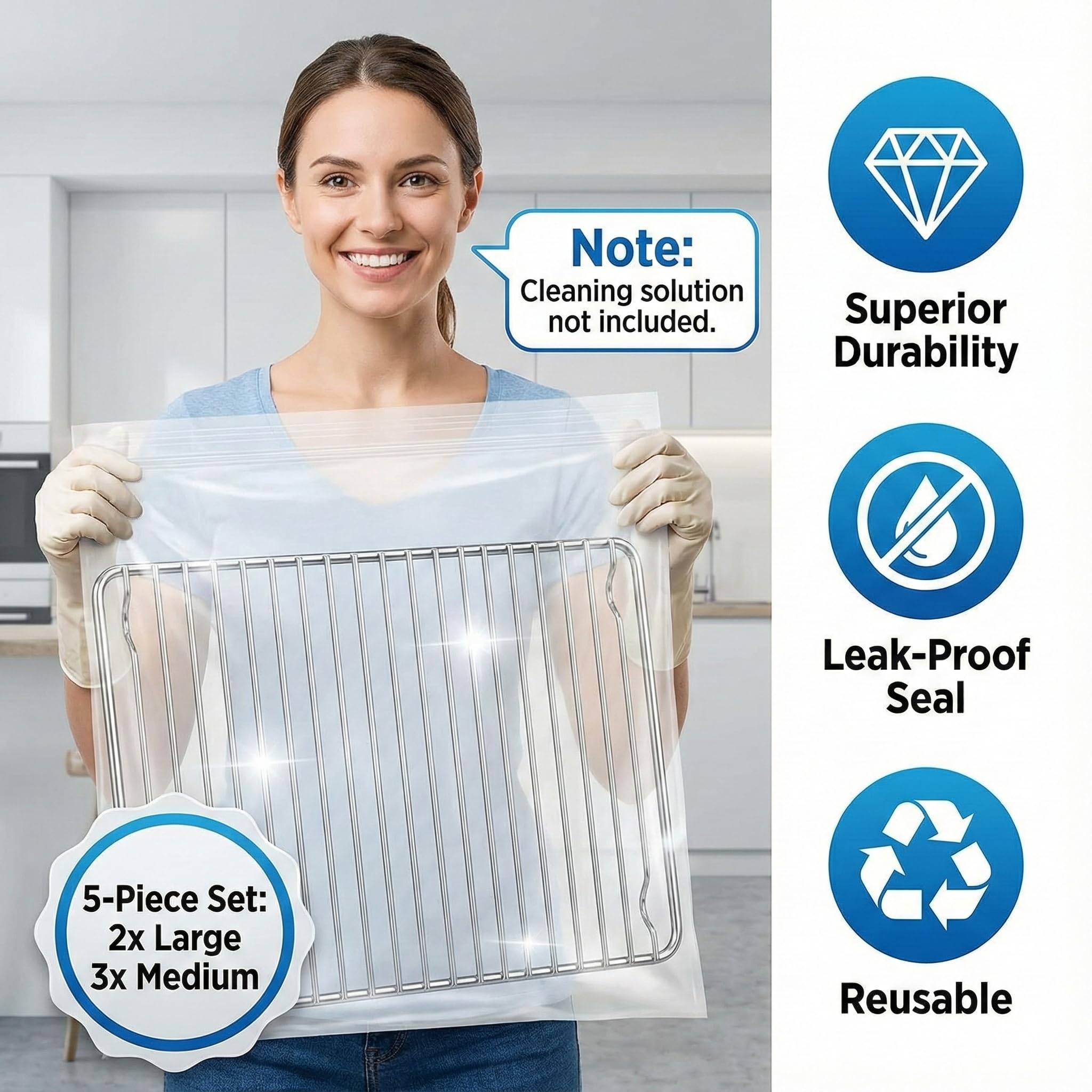 Oven Rack Cleaning Bags 5 Pack, No Scrub Reusable Leakproof Soaking Bags for Grill Grates, BBQ Racks, Stove Grates - Easy Soak & Rinse, No Cleaner