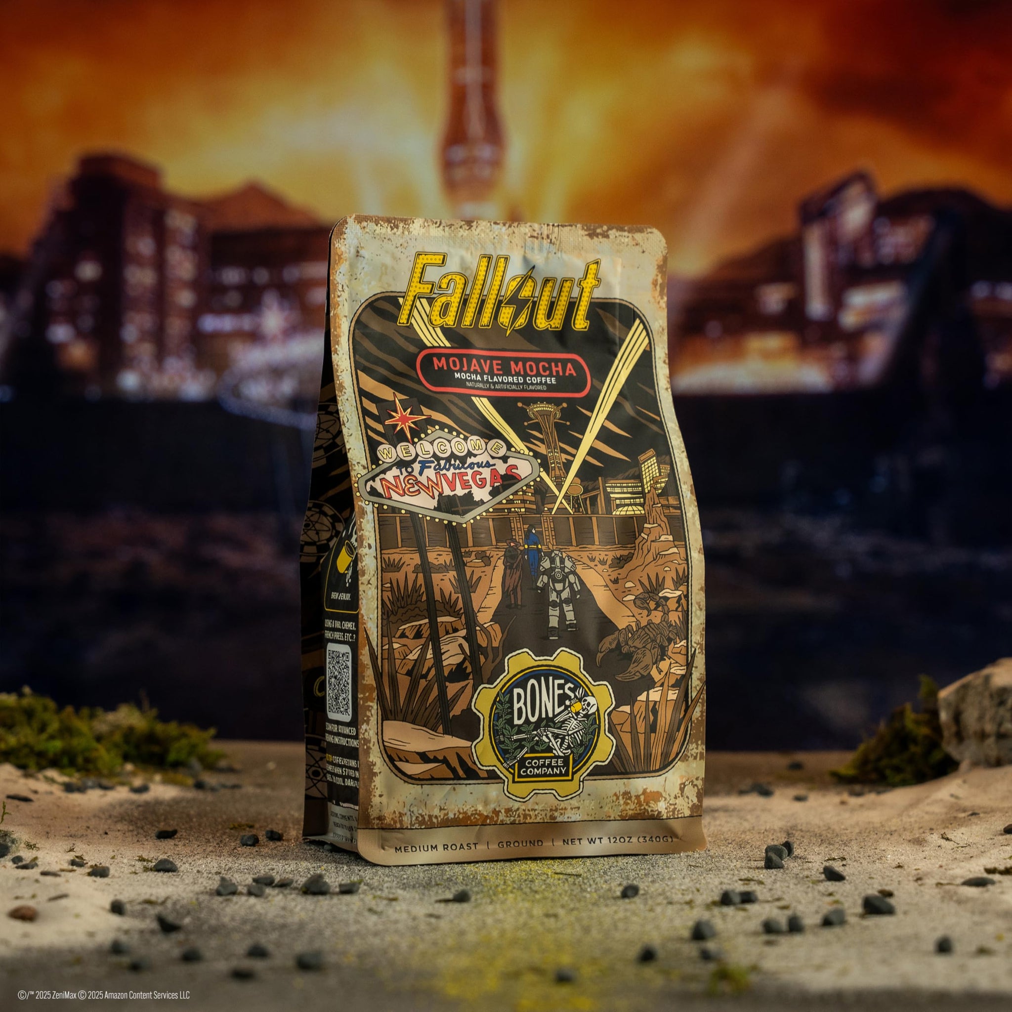 Bones Coffee Company Fallout Mojave Mocha, Mocha Flavored Coffee, Medium Roast Low Acid Arabica Beans Compatible with Auto drip and French Press
