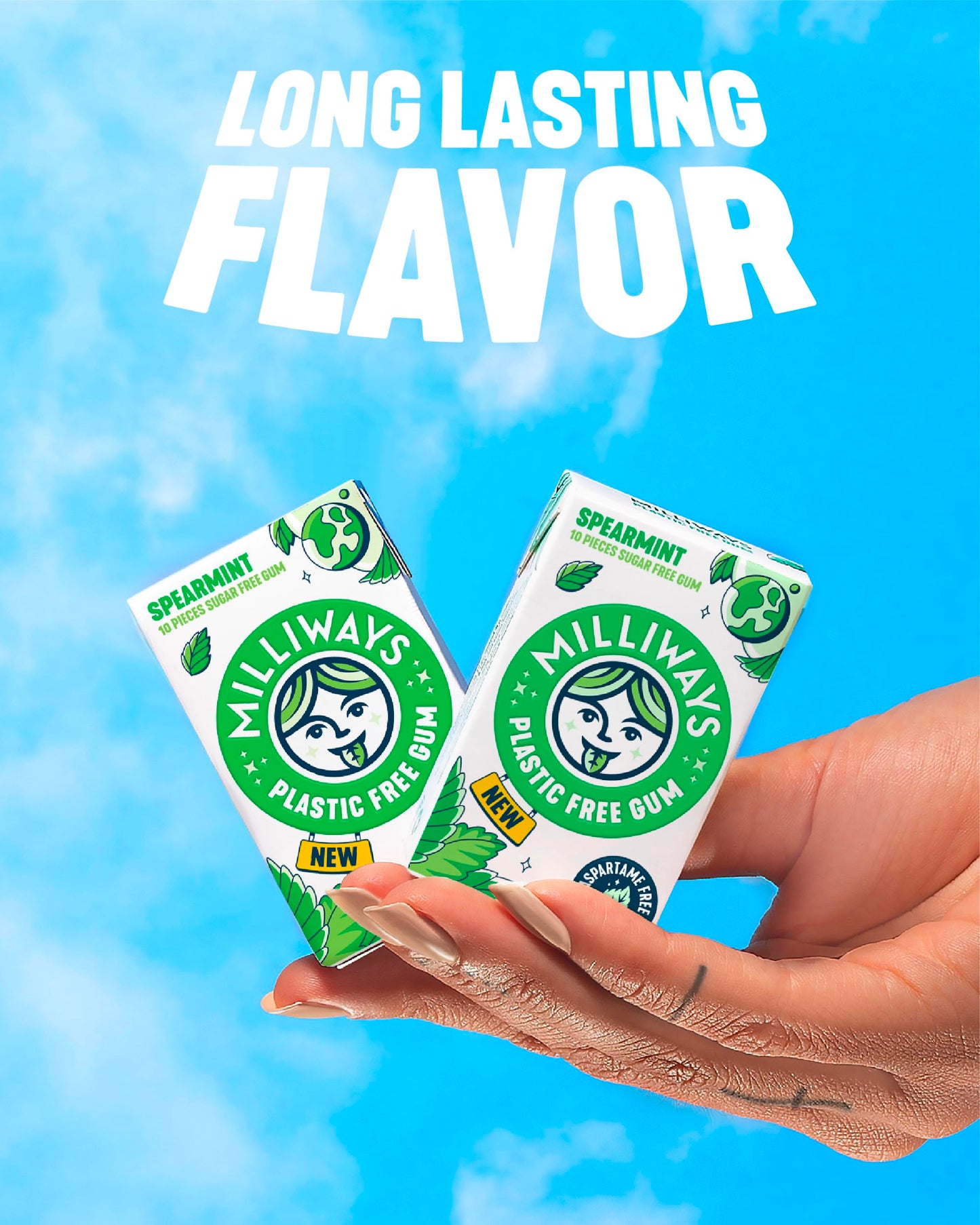 Milliways Spearmint | Plastic Free Gum | Xylitol, Aspartame-Free, Sugar-Free, Plant-Based, Natural Chewing Gum | 120 Pieces Total (12 Packs of 10
