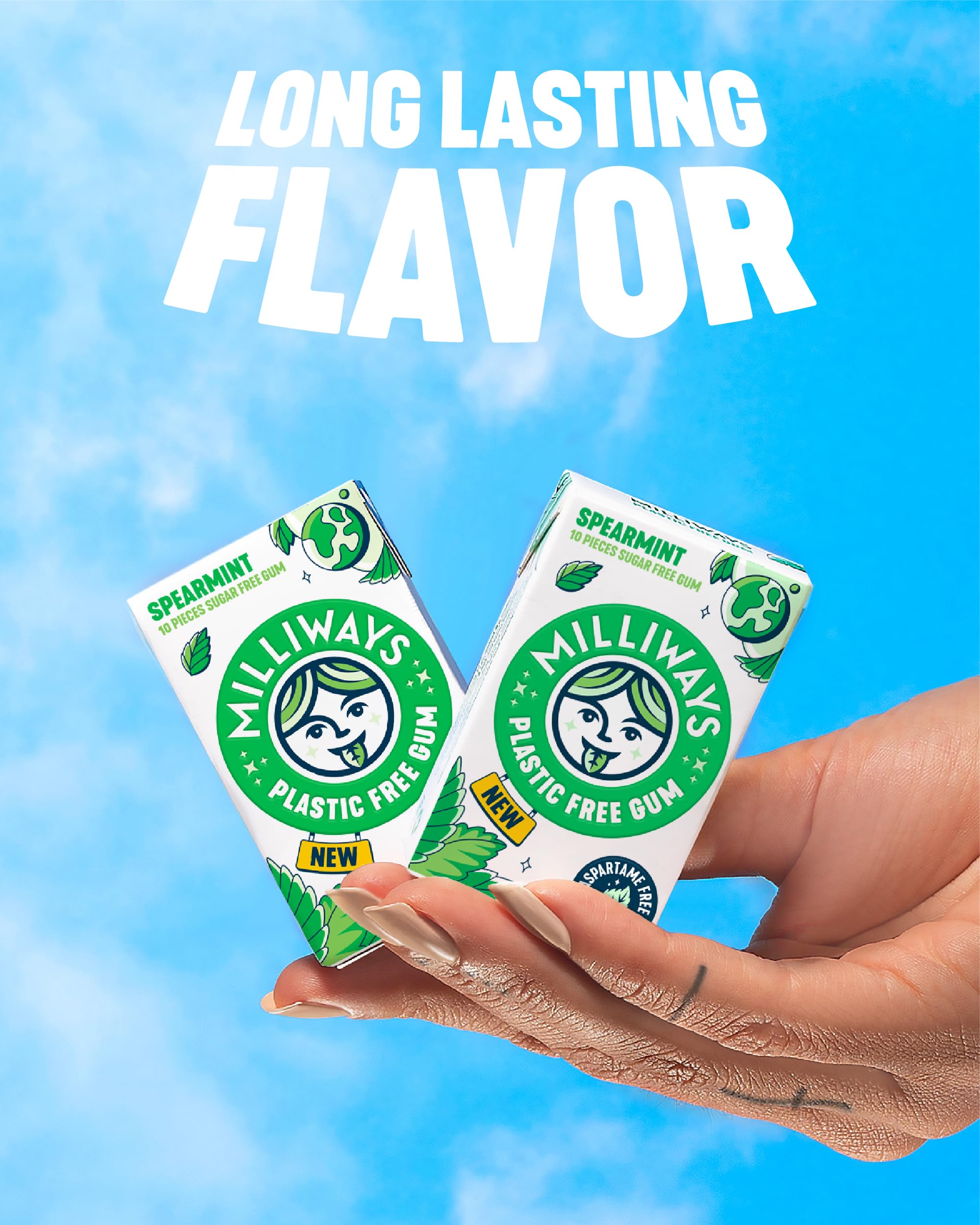 Milliways Spearmint | Plastic Free Gum | Xylitol, Aspartame-Free, Sugar-Free, Plant-Based, Natural Chewing Gum | 120 Pieces Total (12 Packs of 10
