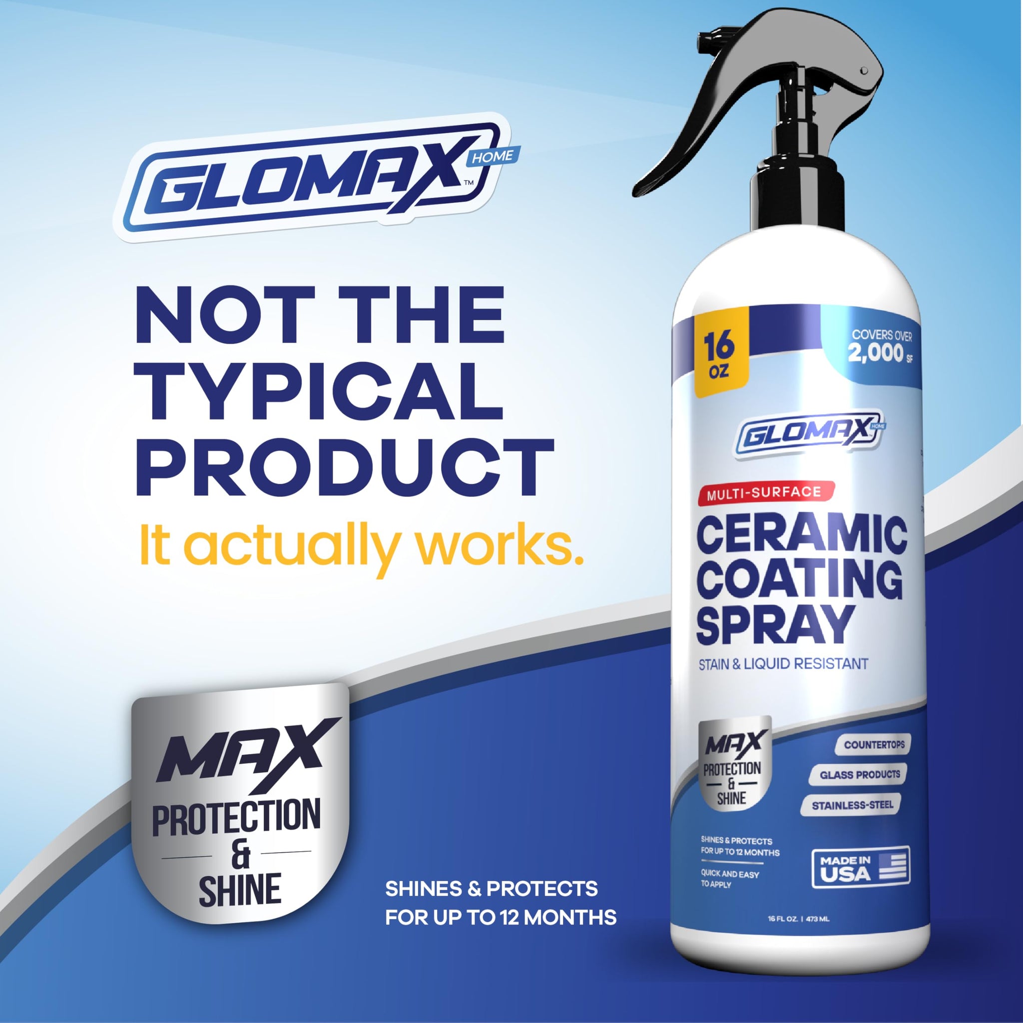GLOMAX Home Ceramic Coating Spray Kit (16 oz) - Shine, Seal & Protect Stainless Steal, Glass, Kitchen & Bath Surfaces - Extremely Hydrophobic - Repels