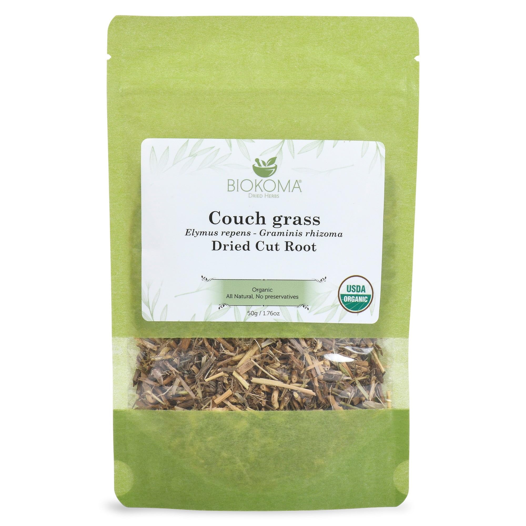 Biokoma Organic Couch Grass Dried Cut Root 1.76oz USDA Organic Herbal Tea Elymus Repens Rhizome Loose Herb Urinary Kidney Bladder Support Resealable