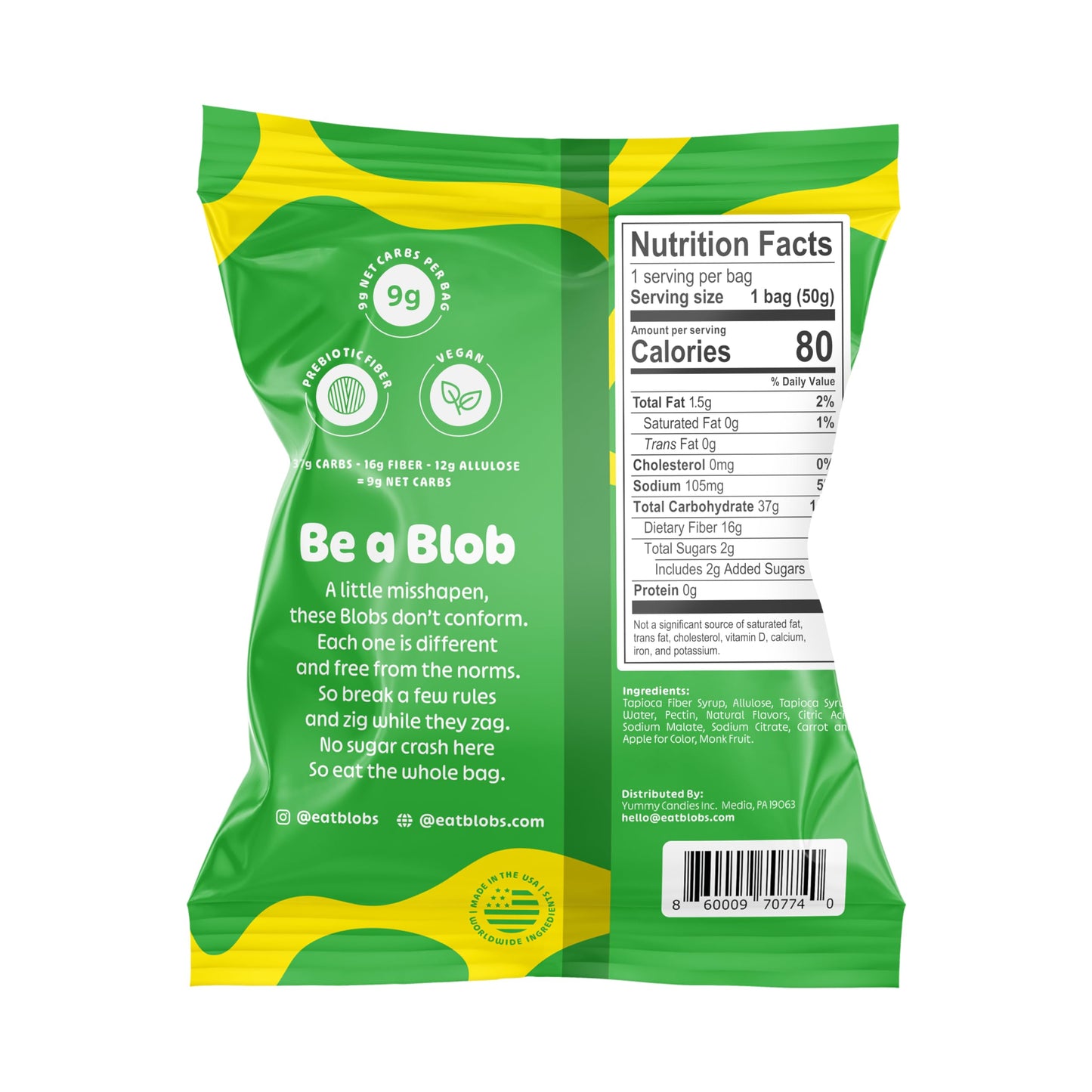 Blobs Gummy Candy - 2g Sugar Healthy Gummies - Low Net Carb & Low Calorie - No Sugar Alcohols, Vegan, Gluten Free, No Dyes -1.8 oz per bag (Pack of 6)