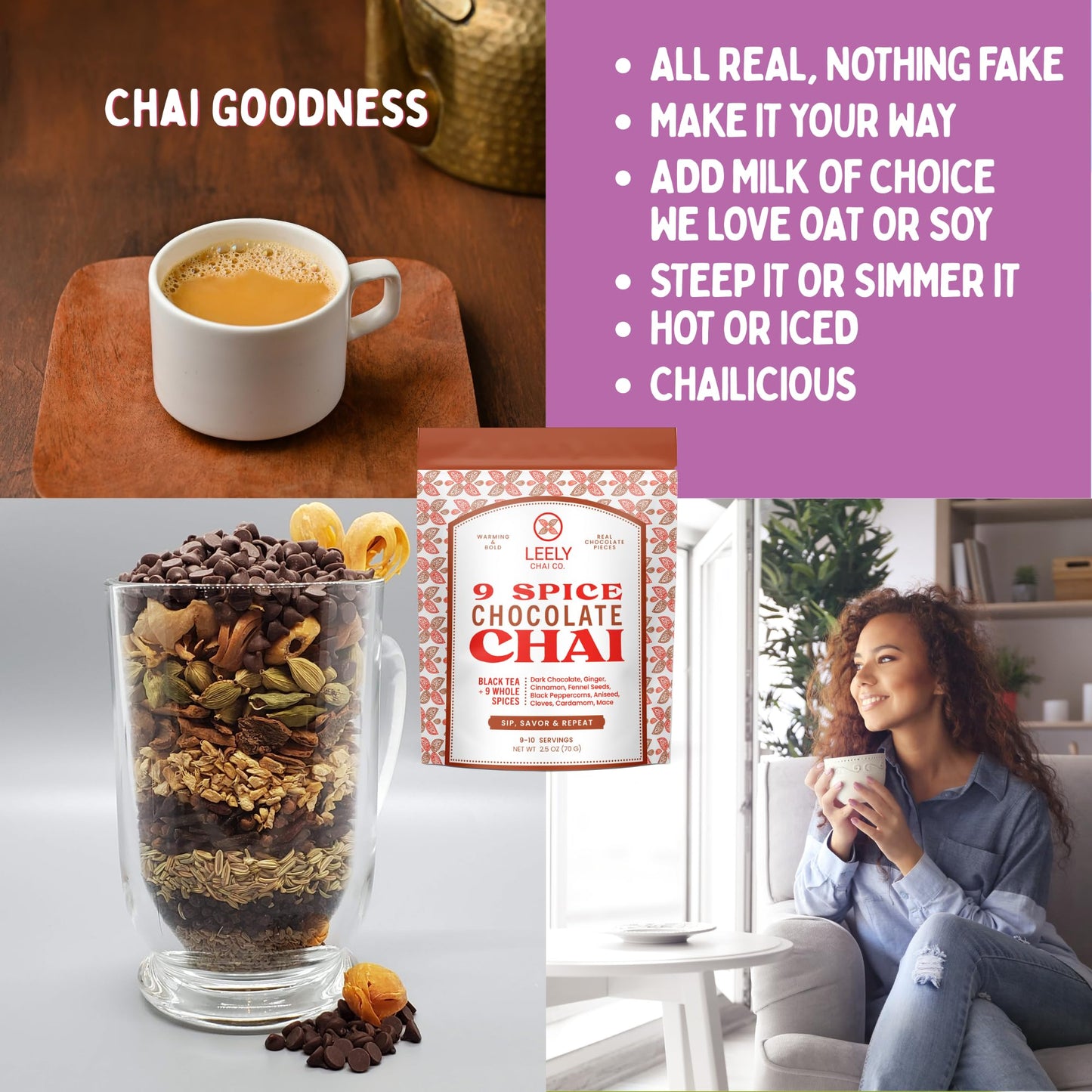 Leely Chai Co. Chocolate Masala Chai Loose Leaf. Real chocolate pieces. Small Batch, Black Tea & Whole Spices, Authentic Brew or Steep, 5OZ, 20 Cups