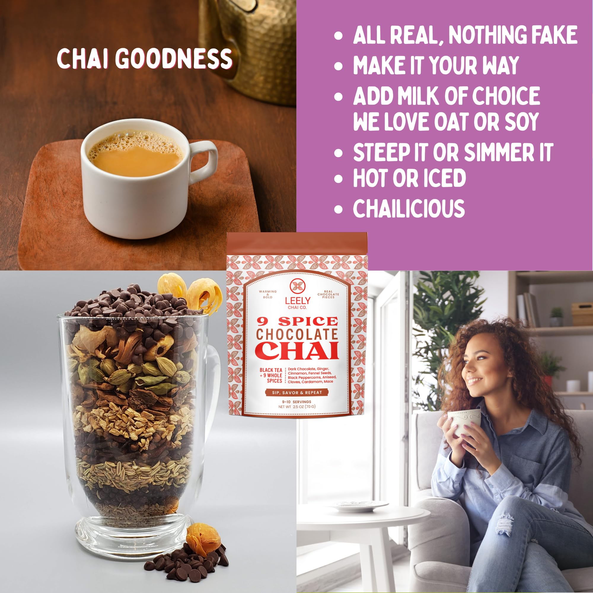 Leely Chai Co. Chocolate Masala Chai Loose Leaf. Real chocolate pieces. Small Batch, Black Tea & Whole Spices, Authentic Brew or Steep, 5OZ, 20 Cups