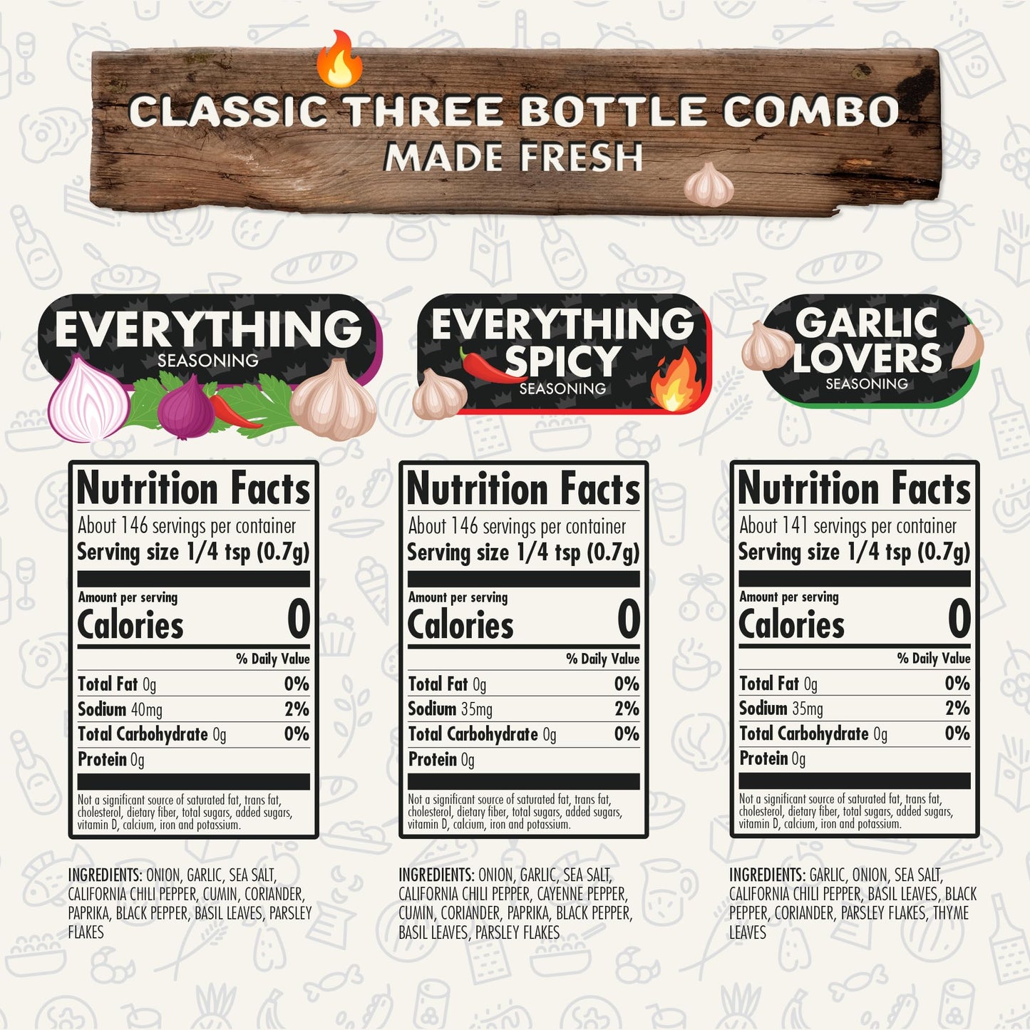Flavor God Classic Combo Pack of 3 Herb, Spice & Seasoning Gift Set, Everything, Everything Spicy, Garlic Lovers, Natural Healthy Spice Blend, Low