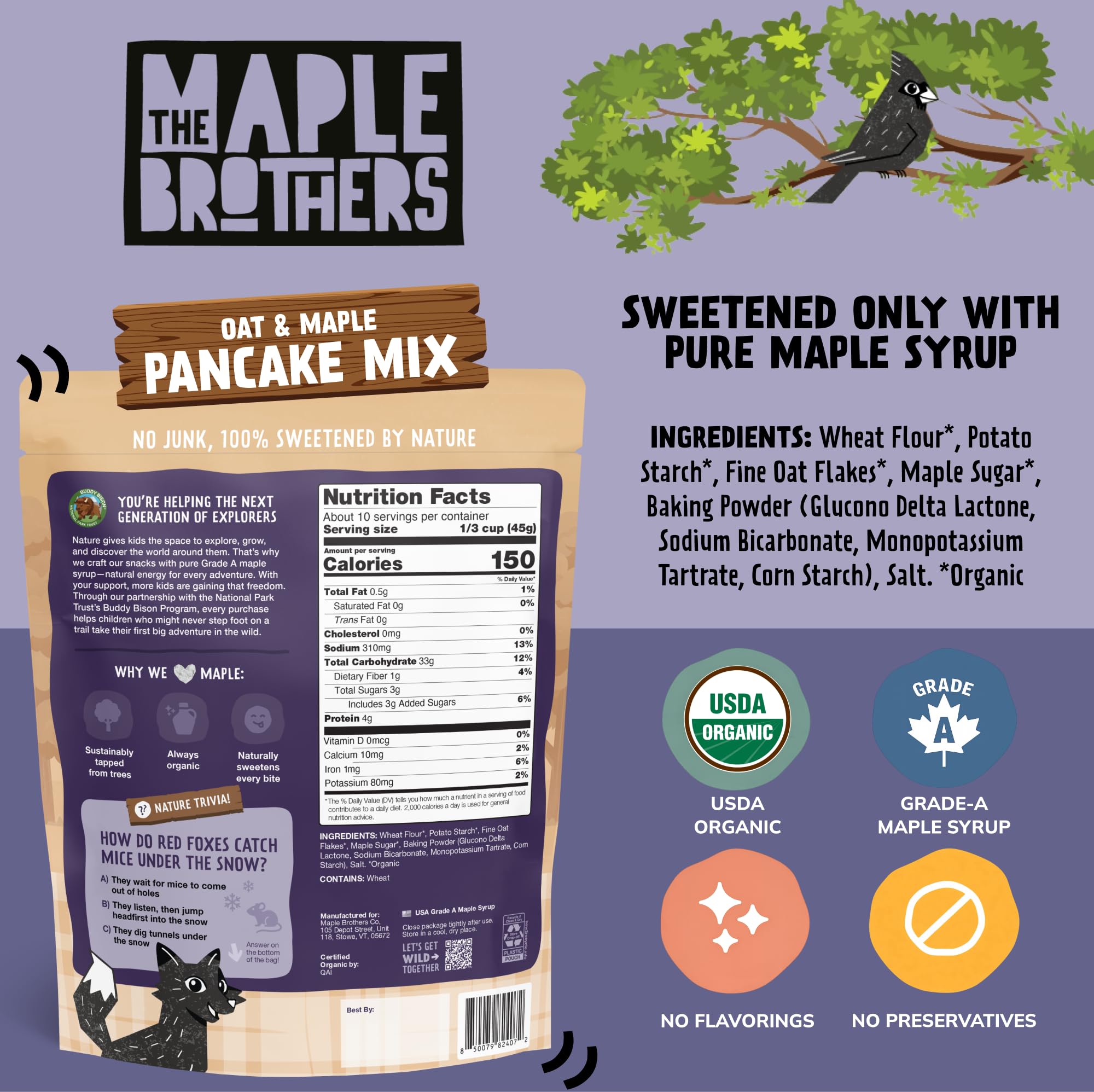 The Maple Brothers Oat & Maple Pancake Mix - Organic, Vegan, Non?GMO, Made with Grade A Maple Sugar - Fluffy, Easy Breakfast Mix, 16 oz Resealable Bag