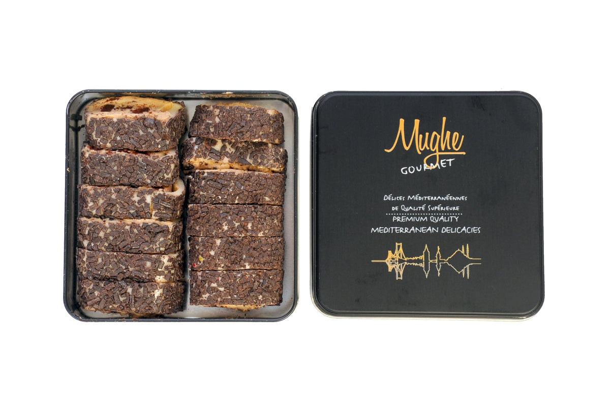 Mughe Gourmet Turkish Delight Gift Tin with Chocolate Cookie Crumble Filling - 350g/0.77 Lbs Premium Rolled Lokum