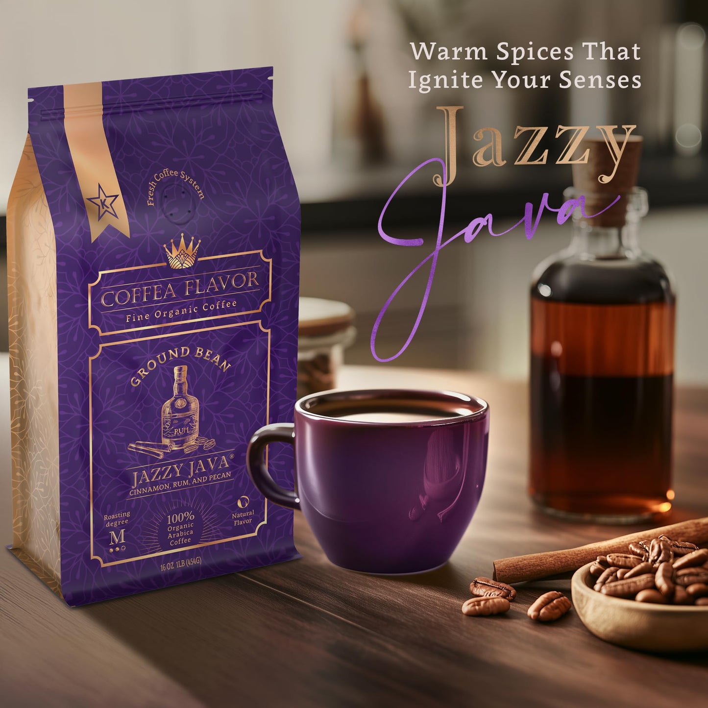 Jazzy Java Flavored Ground Coffee, Organic Medium Roast, Single Origin Dominican Arabica, Naturally Flavored, No Added Sugar, 16 oz | Coffea Flavor