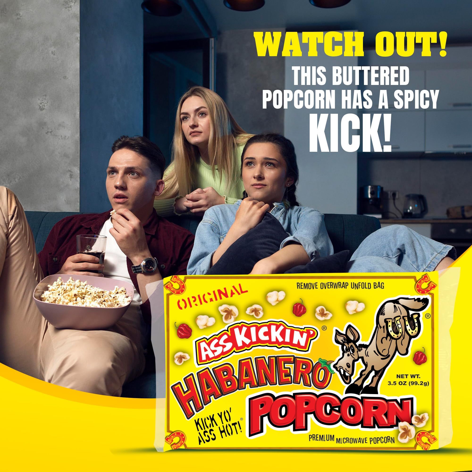 ASS KICKIN' Habanero Microwave Popcorn Bags - 12 Pack - Ultimate Spicy Popcorn Gourmet Gift - Makes a Great Movie Theater Popcorn or Snack Food