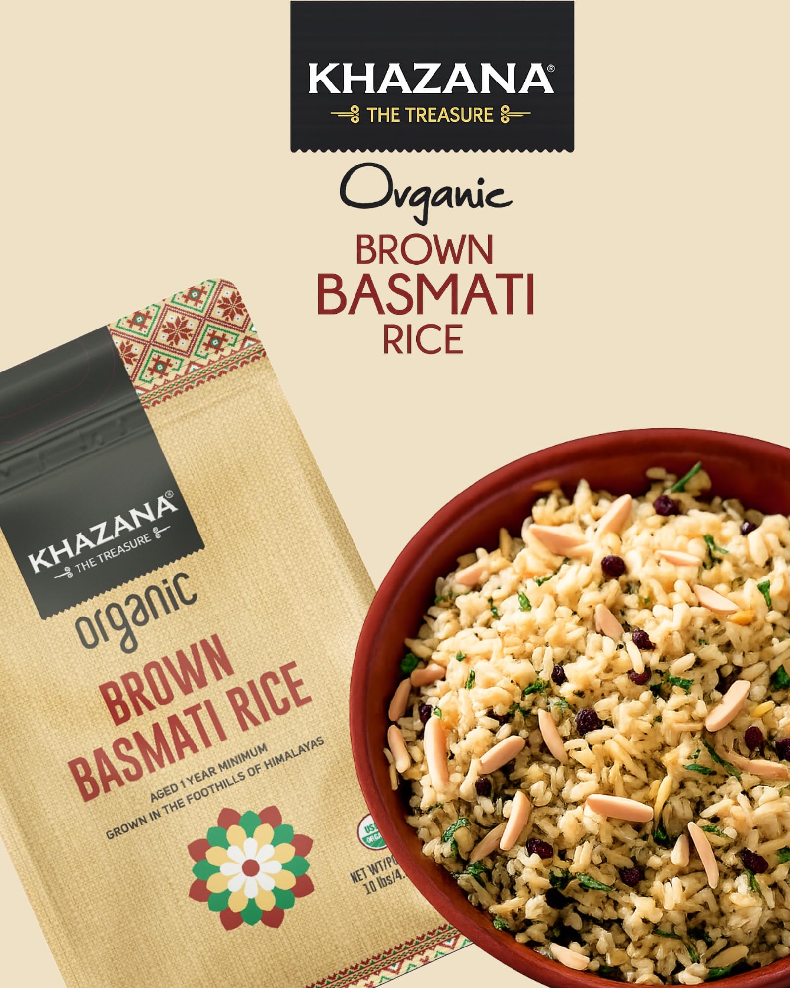 Authentic Organic Brown Basmati Rice by Khazana in 10 lb Bag - Aromatic and Flavorful Indian Grain - Non-GMO, Gluten Free, Kosher, Cholesterol Free