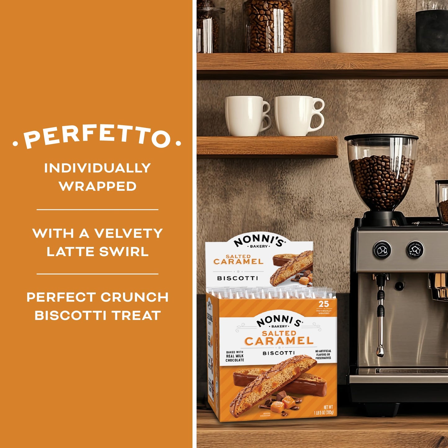 Nonni's Salted Caramel Milk Chocolate Biscotti Cookies - Individually Wrapped Italian Coffee Snack, Crunchy Twice-Baked, 90 Cal Each, 21 oz Carton, 4