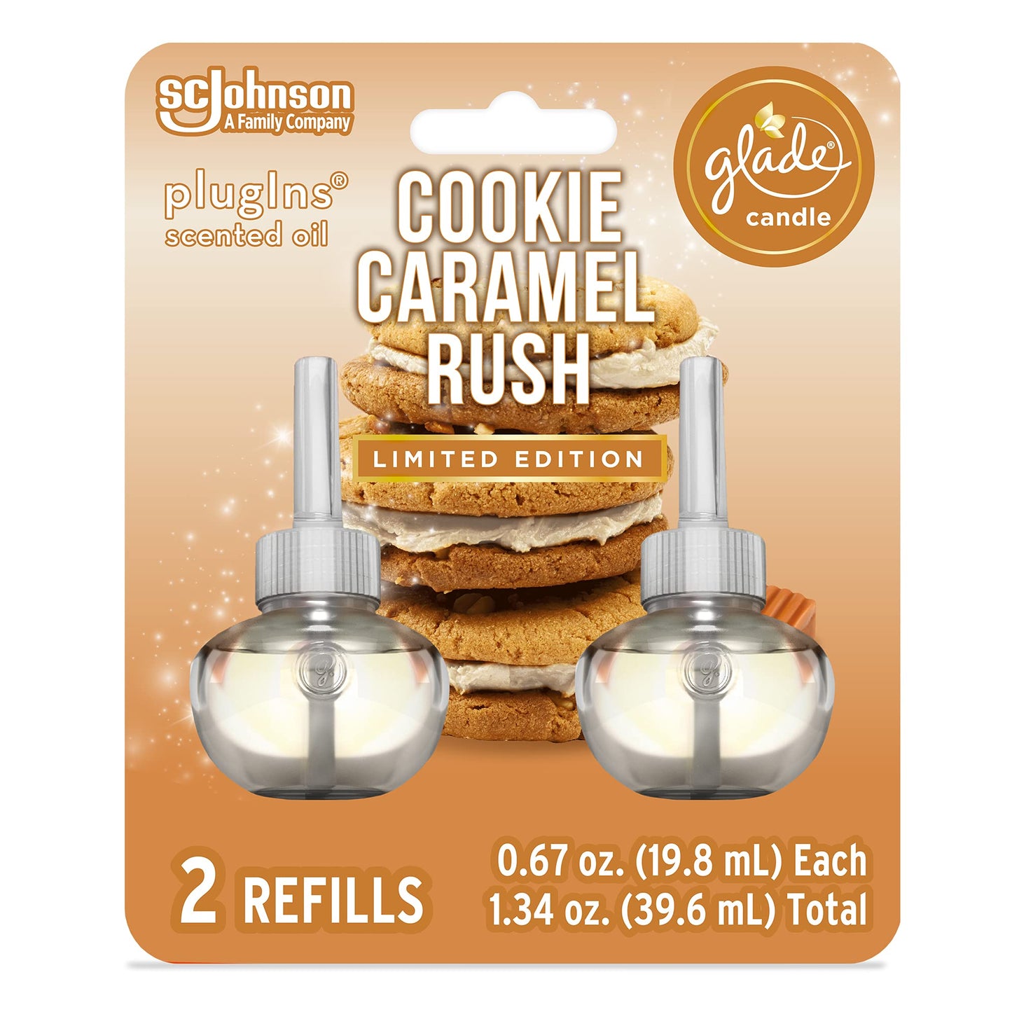 Glade PlugIns Refills Air Freshener Starter Kit, Scented and Essential Oils for Home and Bathroom, Cookie Caramel Rush, 0.67 Fl Oz, 1 Warmer + 1