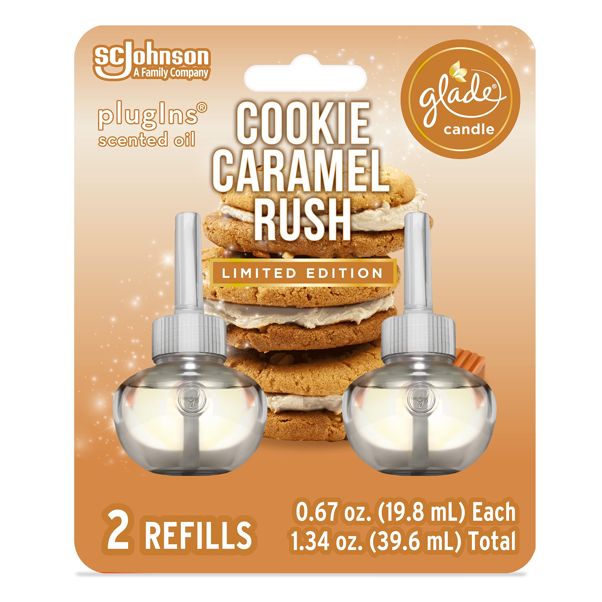 Glade PlugIns Refills Air Freshener Starter Kit, Scented and Essential Oils for Home and Bathroom, Cookie Caramel Rush, 0.67 Fl Oz, 1 Warmer + 1