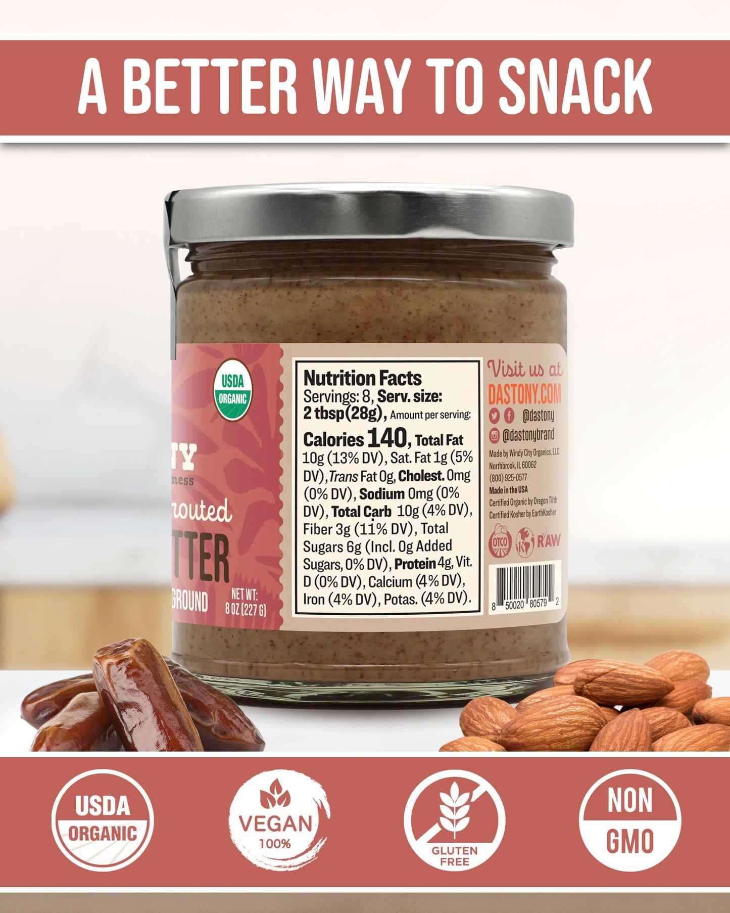 Dastony Cinna-Date Sprouted Almond Butter - Raw Almond Butter - 8 oz, Pack of 2