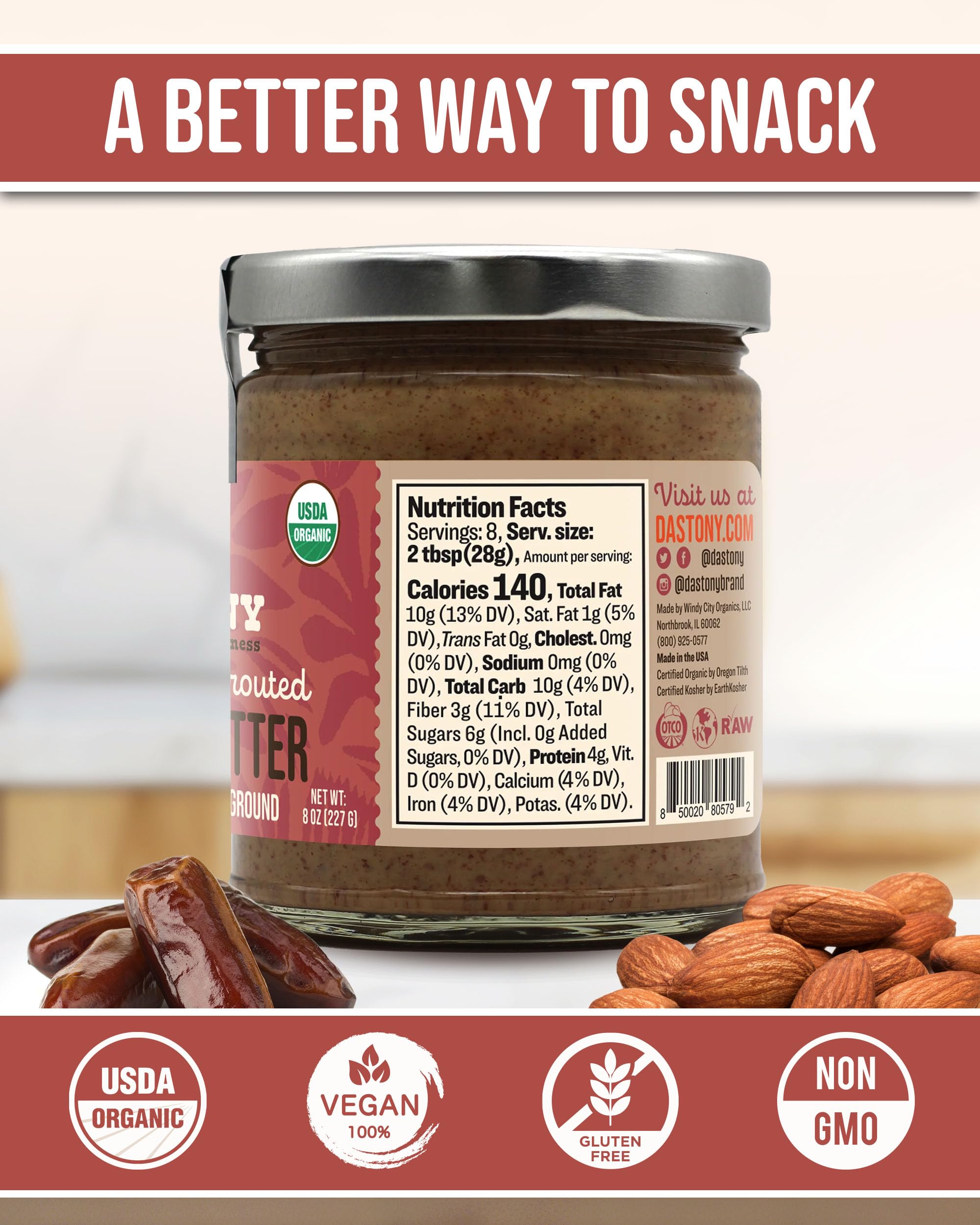 Dastony Cinna-Date Sprouted Almond Butter - Raw Almond Butter - 8 oz, Pack of 2
